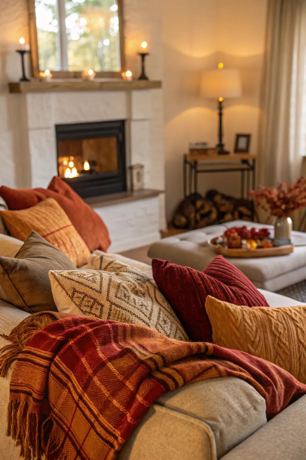 Establish a cozy atmosphere in your family room through cushions and throws in warm shades.