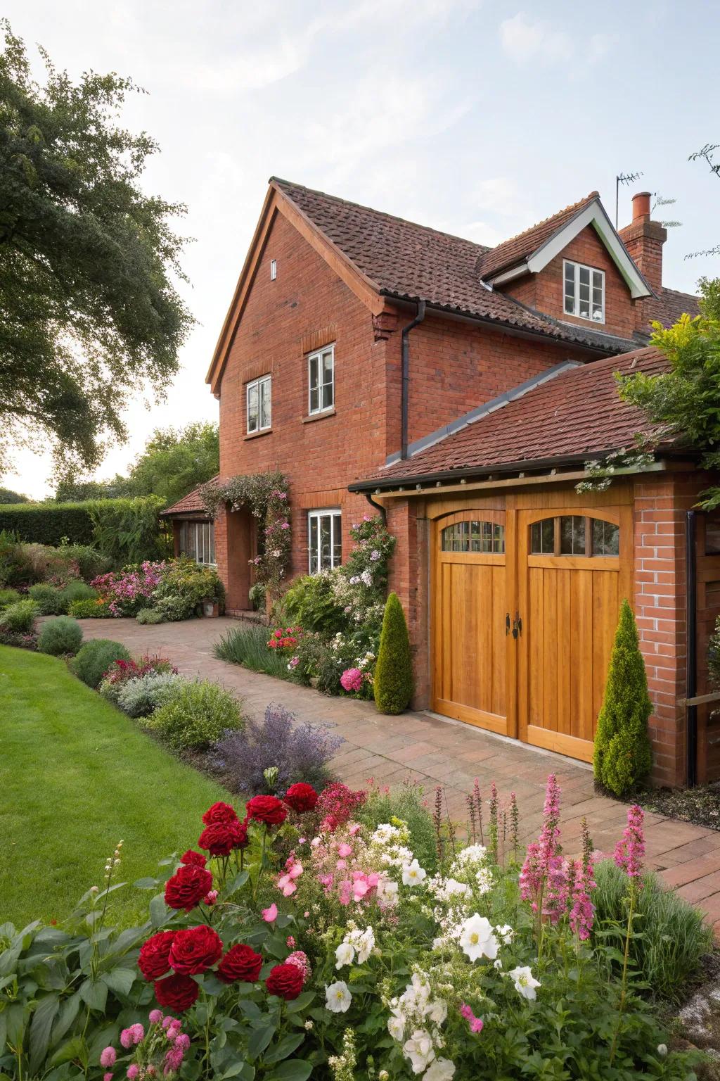 Wooden garage doors offer a timeless and inviting look to red brick exteriors.
