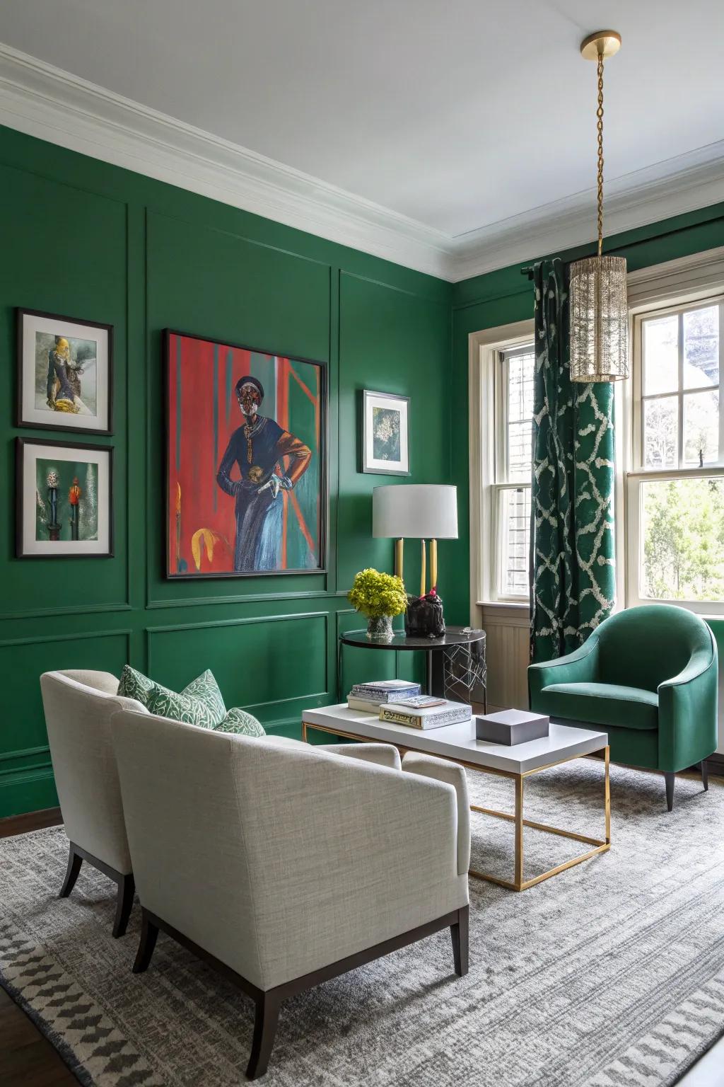 An elegant living room with a striking emerald green wall.