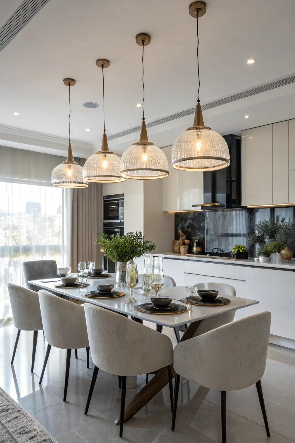 Pendant lights introduce a versatile element to any eating space.