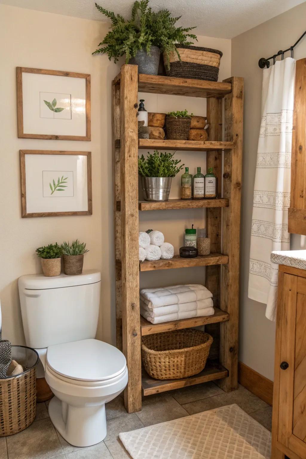 Timber fixtures imbue the bathroom with inherent warmth and appeal.