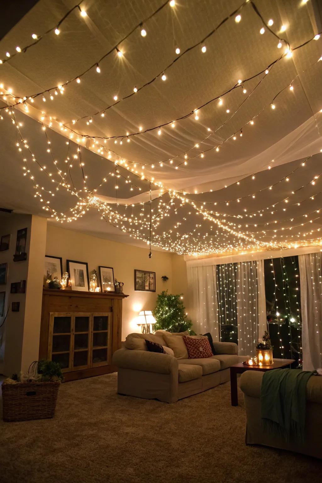 Conjure a fairy light canopy for some indoor charm.