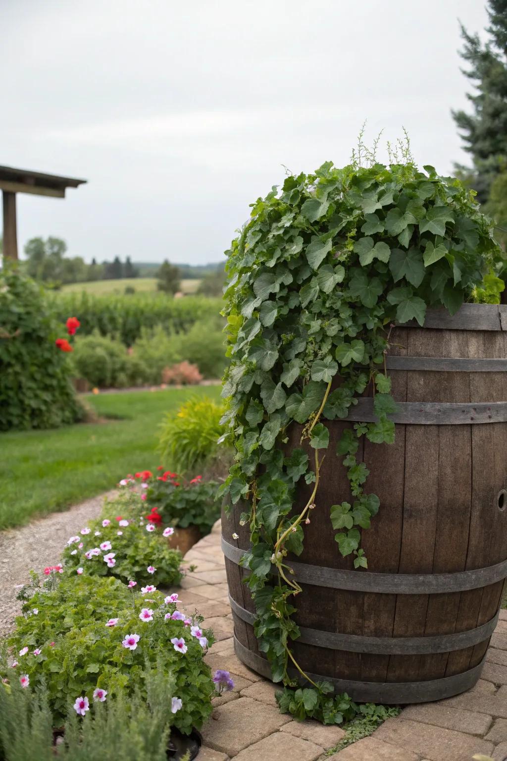 Elegant trailing ivy enhances the down-to-earth appeal of a whiskey barrel.