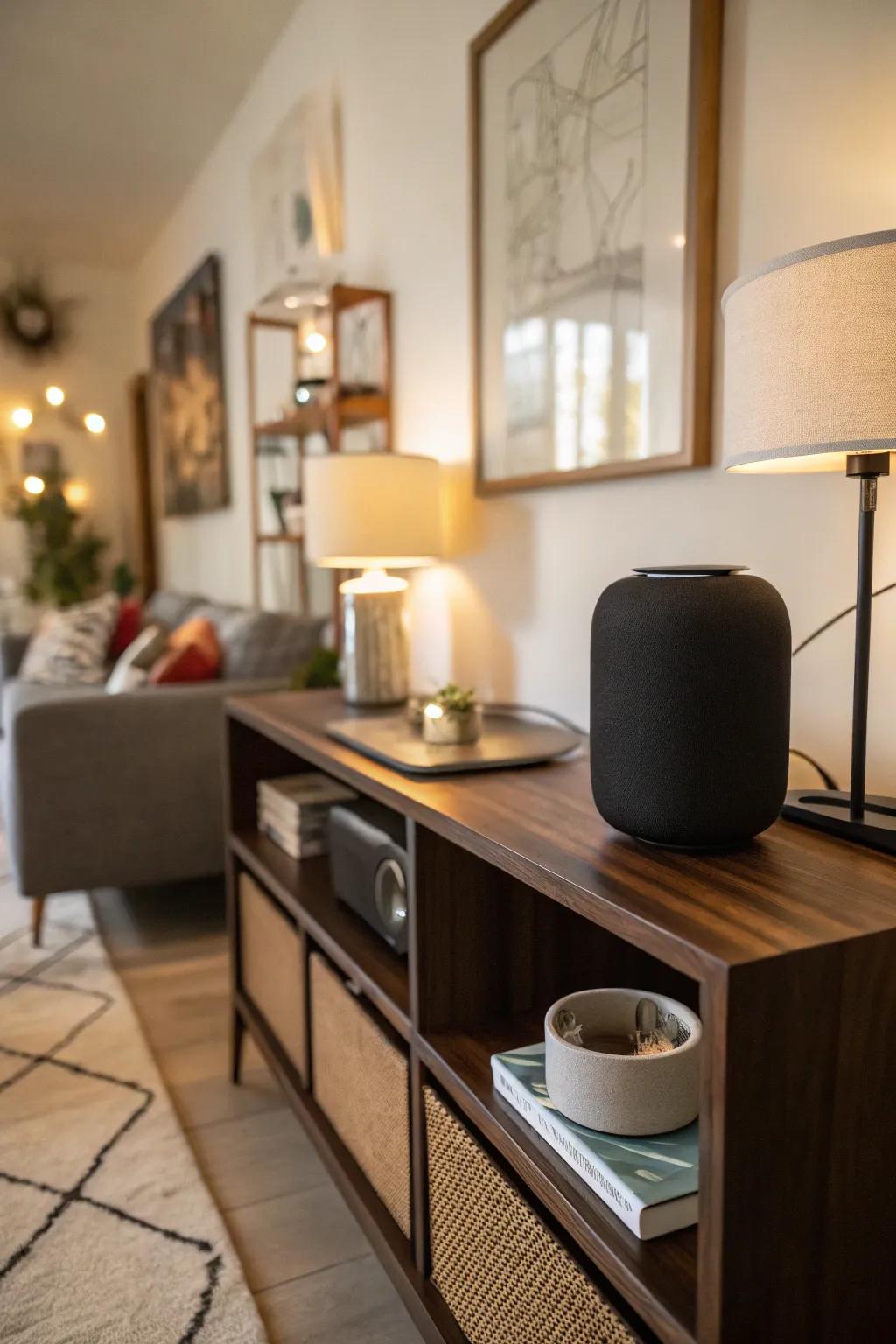 A sound system harmonizes with a mid-century modern living room, improving both the aesthetic and utility.