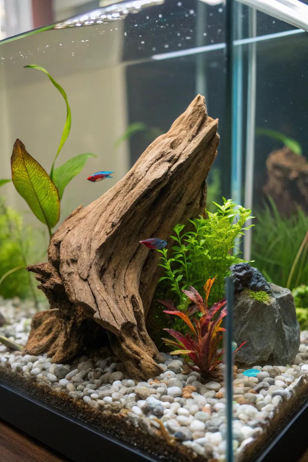 Country root wood imparts an organic element to your betta's dwelling.