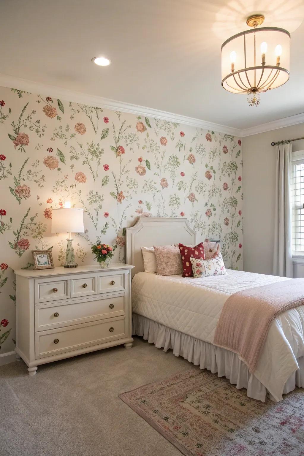 Wallpaper enlivens the space with its lively pattern.