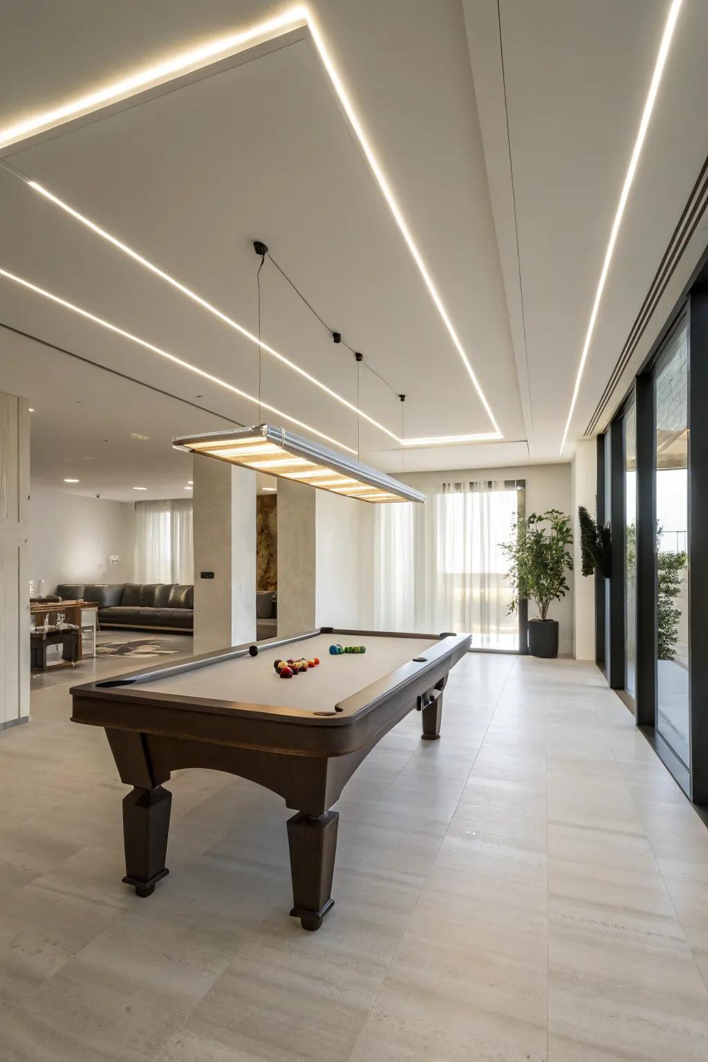 Modern simplicity yields a spacious and airy billiard space.