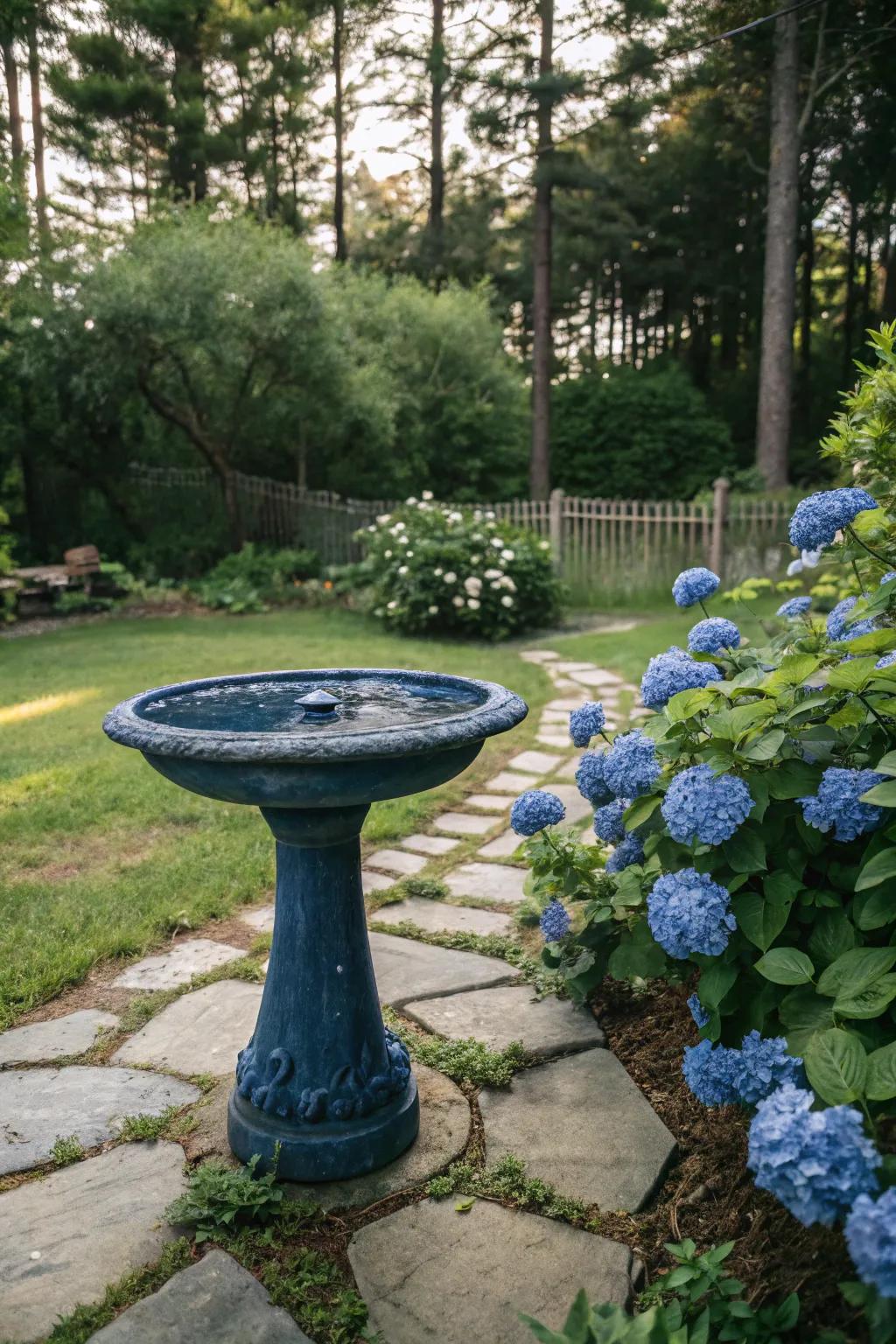 A serene blue bird spa harmonizing with blue hydrangeas, creating a calm retreat for birds.