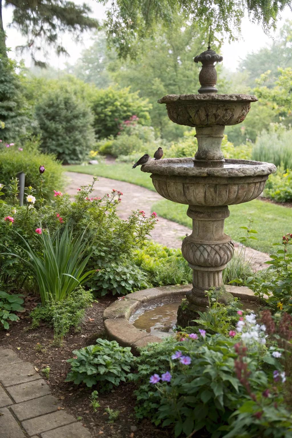 A stone-layered bird bath radiating natural grace within a garden.