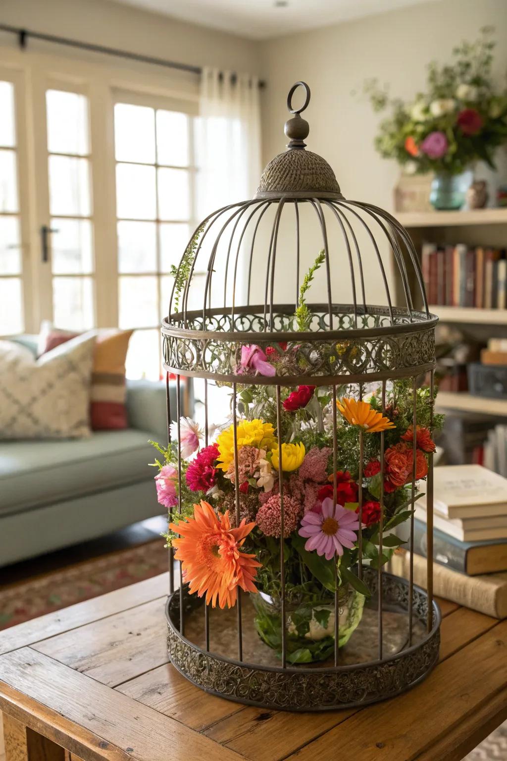 A bird cage brimming with vibrant flowers, ideal for brightening up any room.