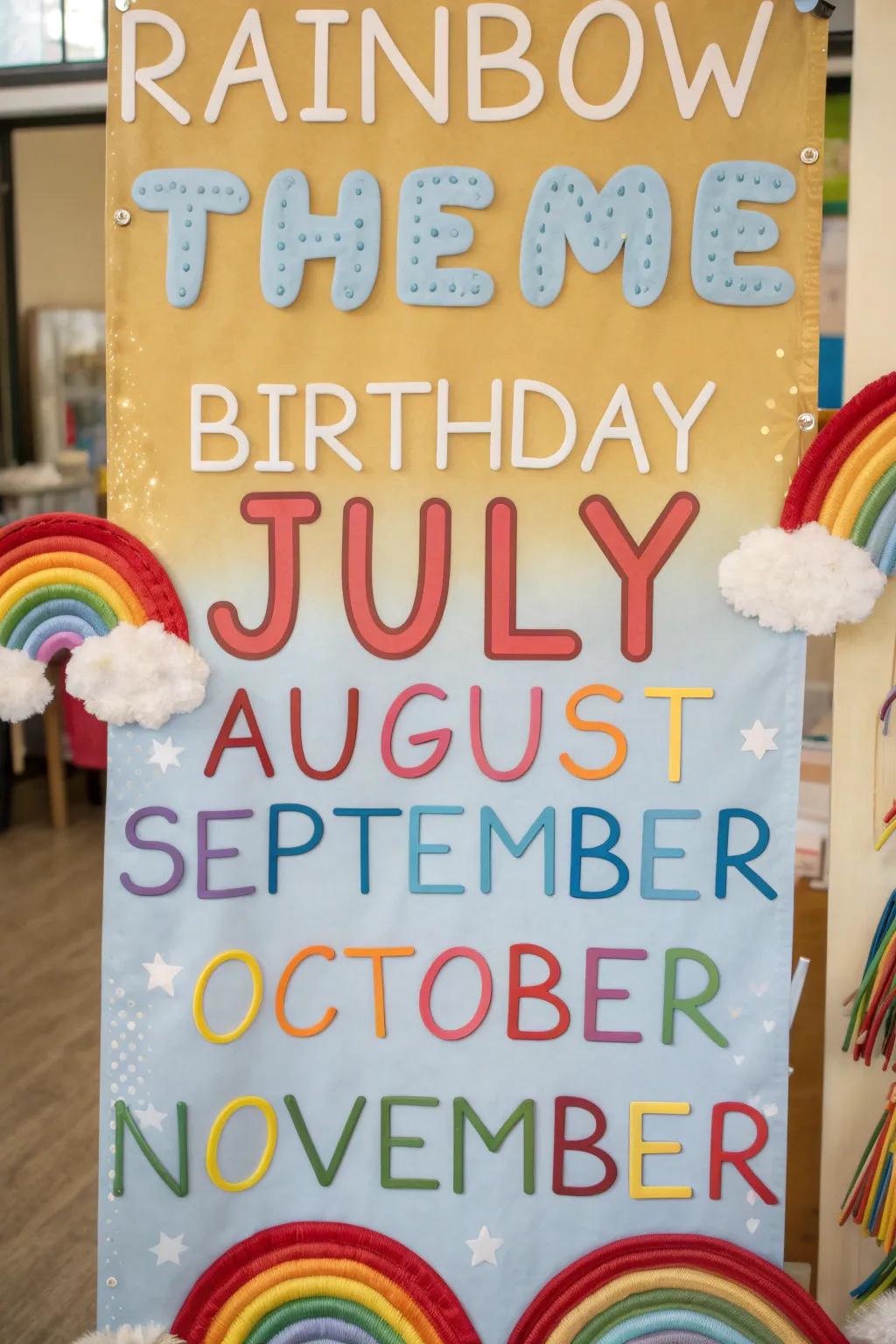 A lively rainbow-themed birthday board covering all months.