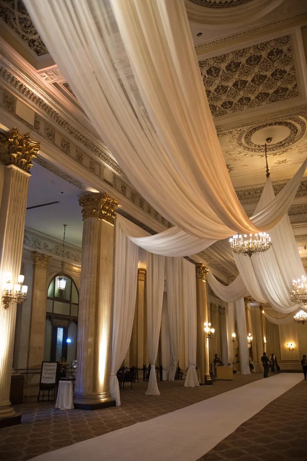 Elegant ceiling draping brings an element of luxury to the birthday hall.