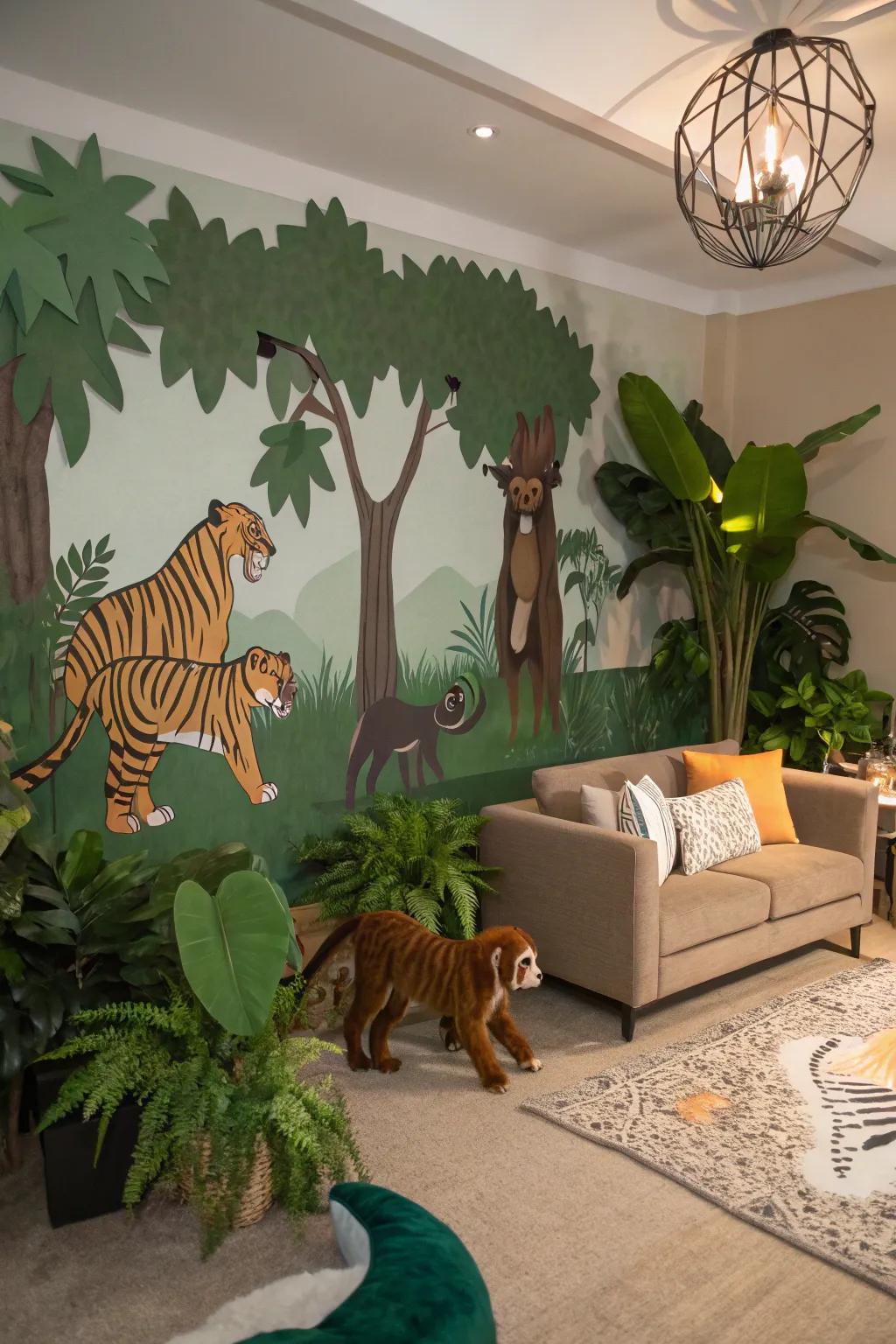 A jungle-themed backdrop cultivates a daring and adventurous mood.
