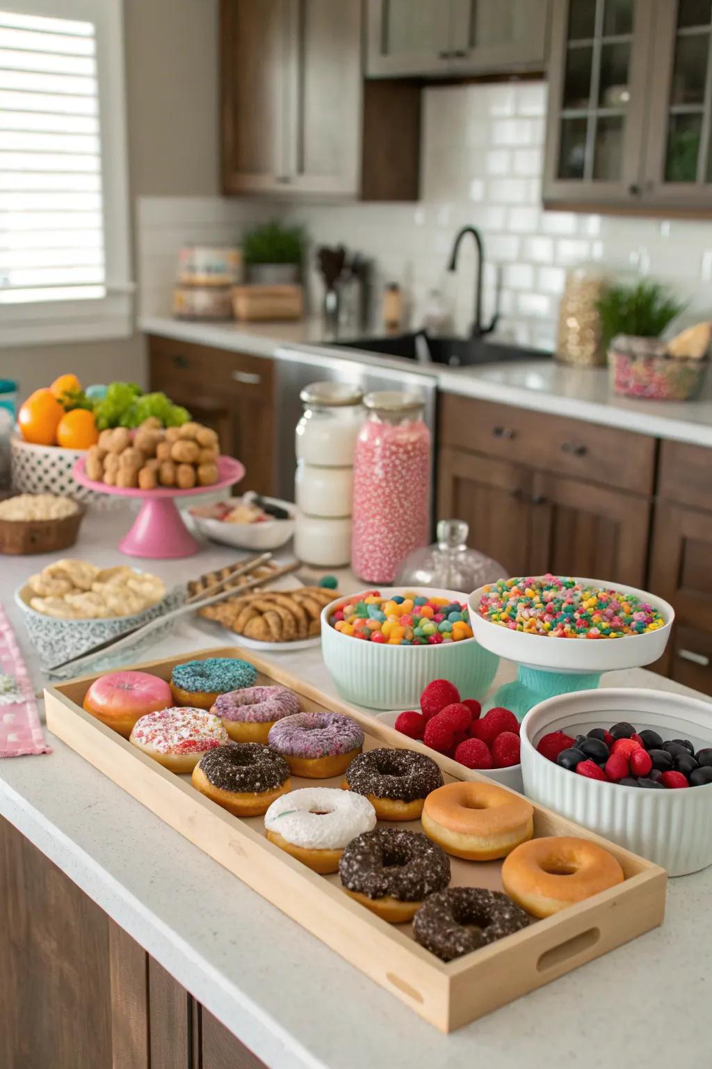 An engaging donut decorating station offering endless options.