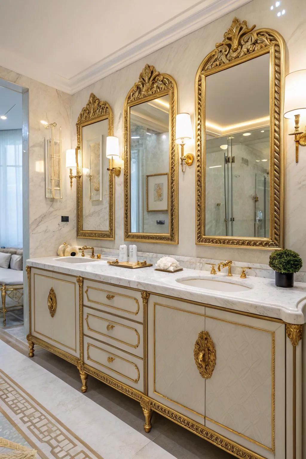 Gold-trimmed mirrors add elegance and sophistication to any bathroom.