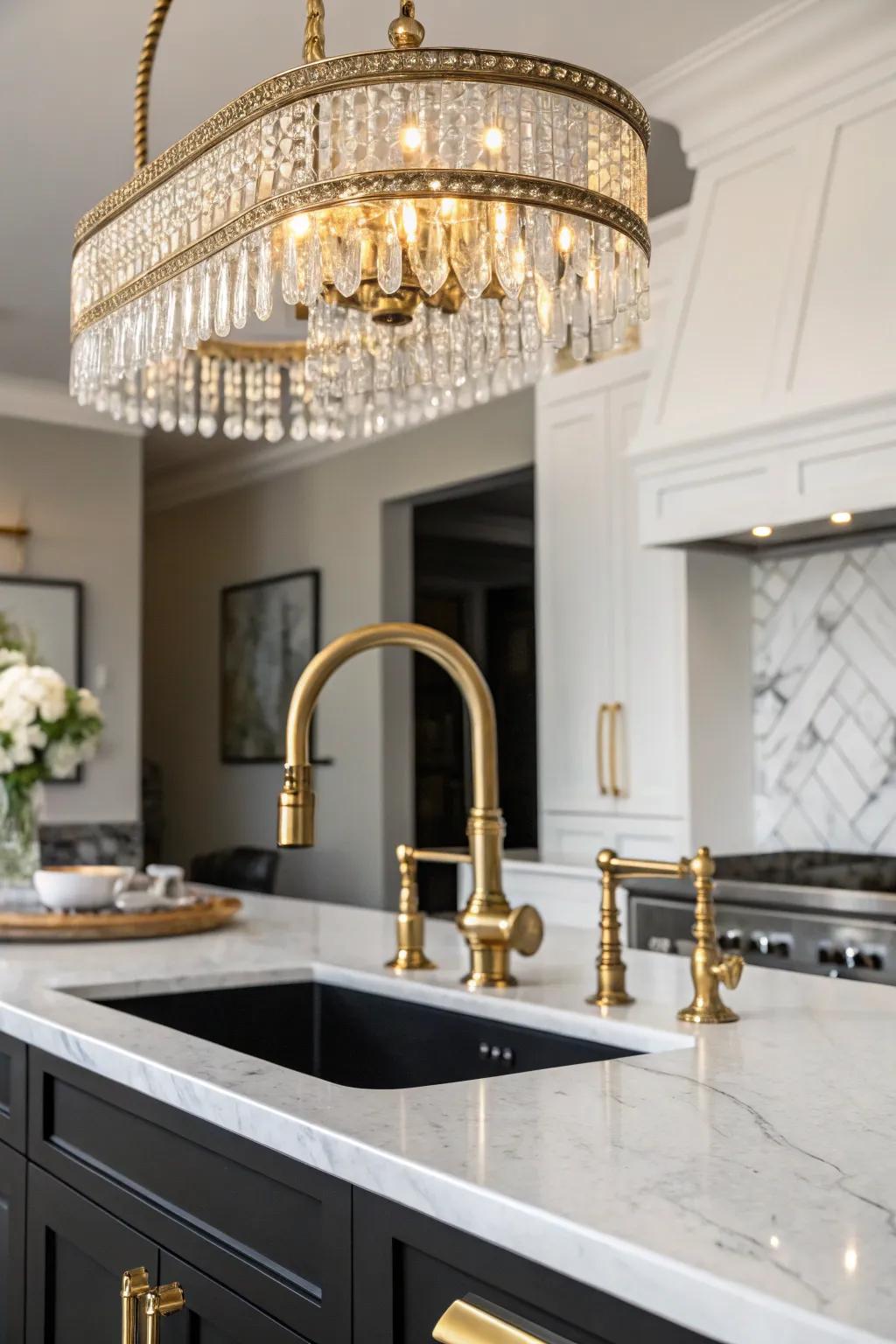 Gilded features contribute a hint of allure to this elegant kitchen.