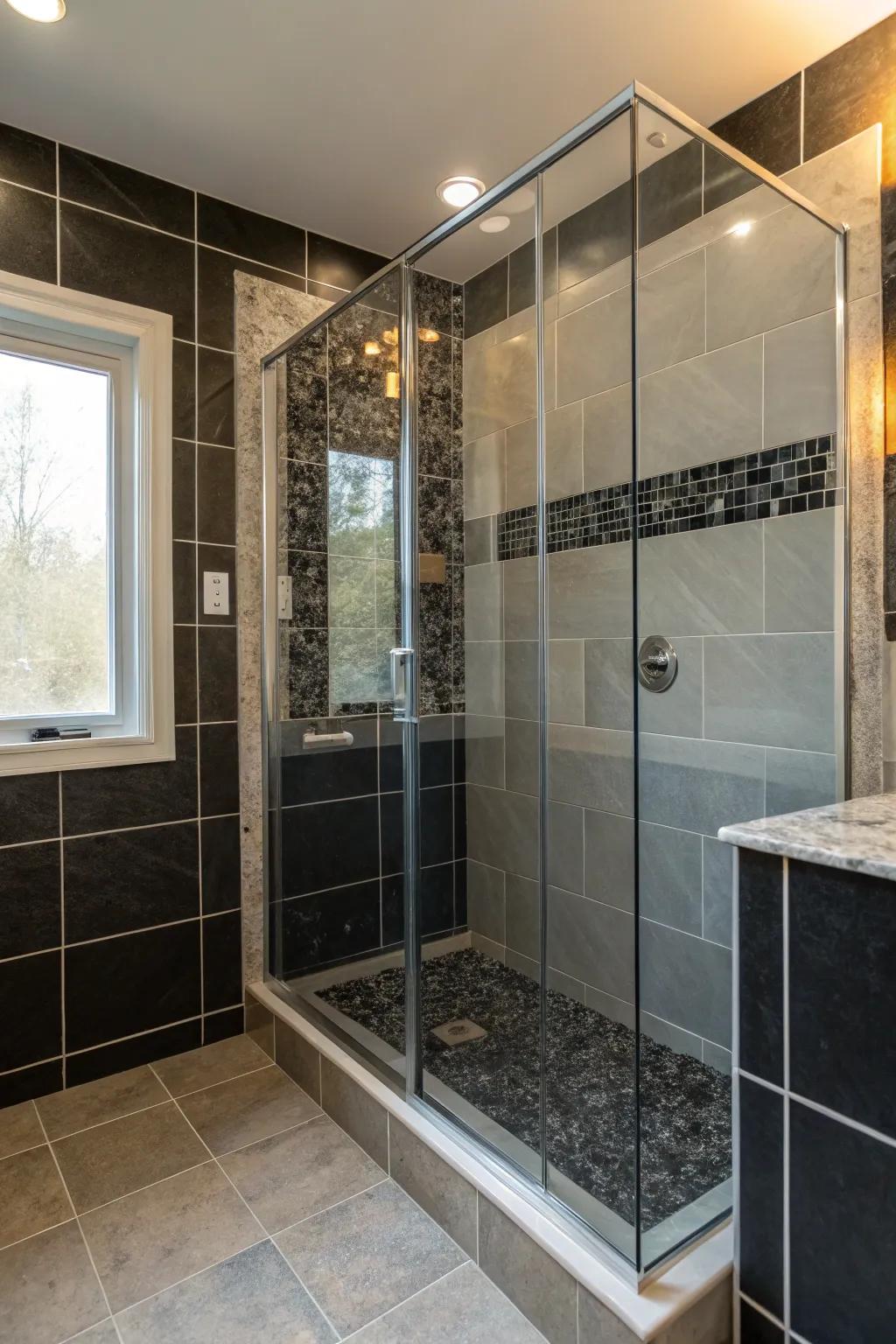 A contemporary bathroom showcasing a glass shower enclosure, enhancing the feeling of spaciousness.