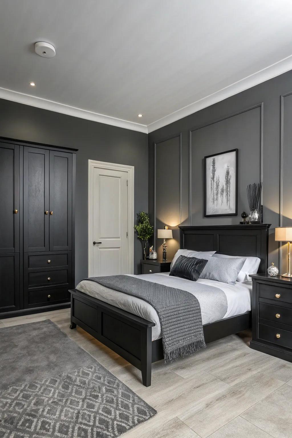 A bedroom with gentle dove walls and onyx furniture for a modern look.