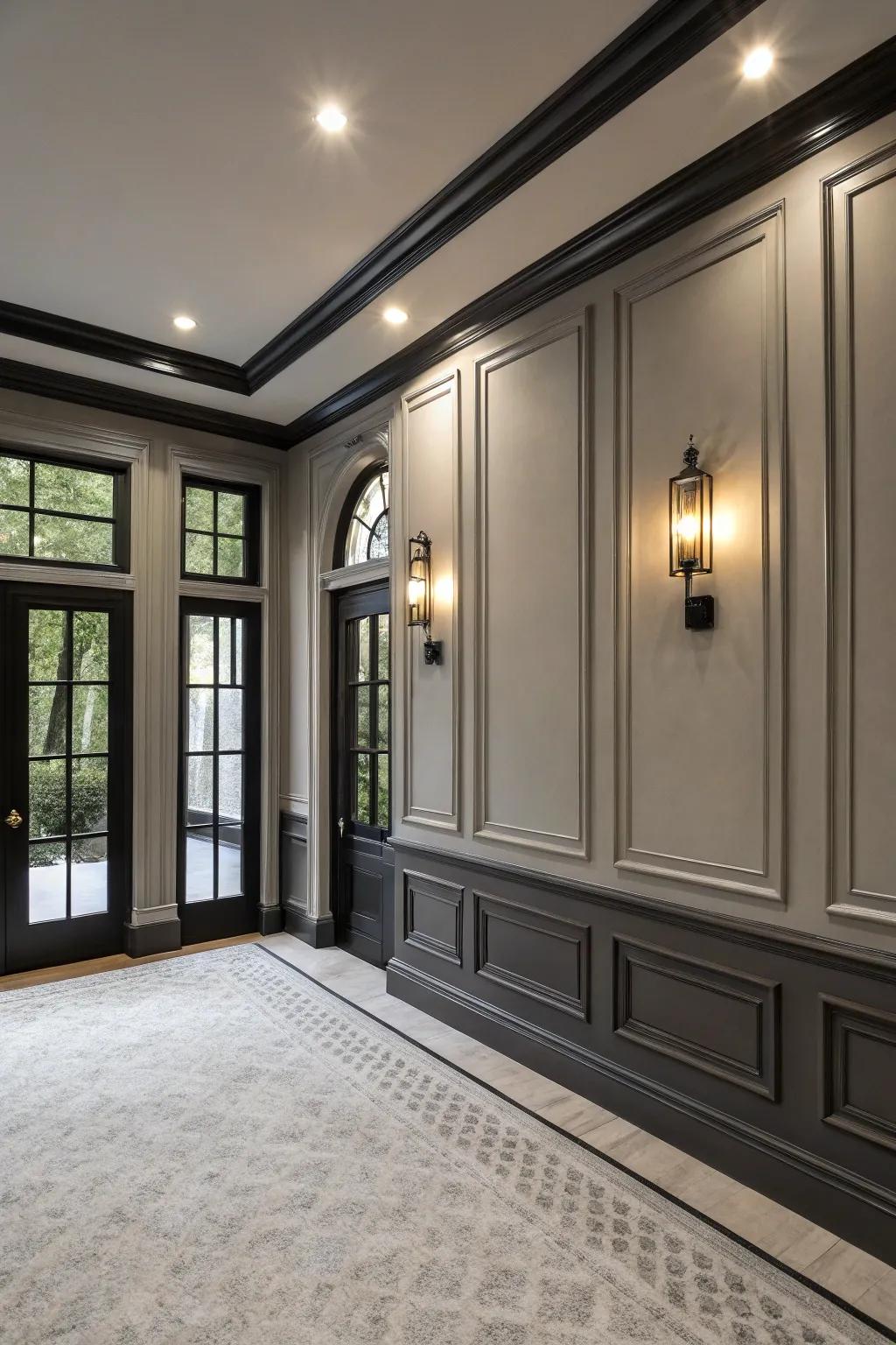 A sophisticated room featuring soft grey walls accented with striking black trim.