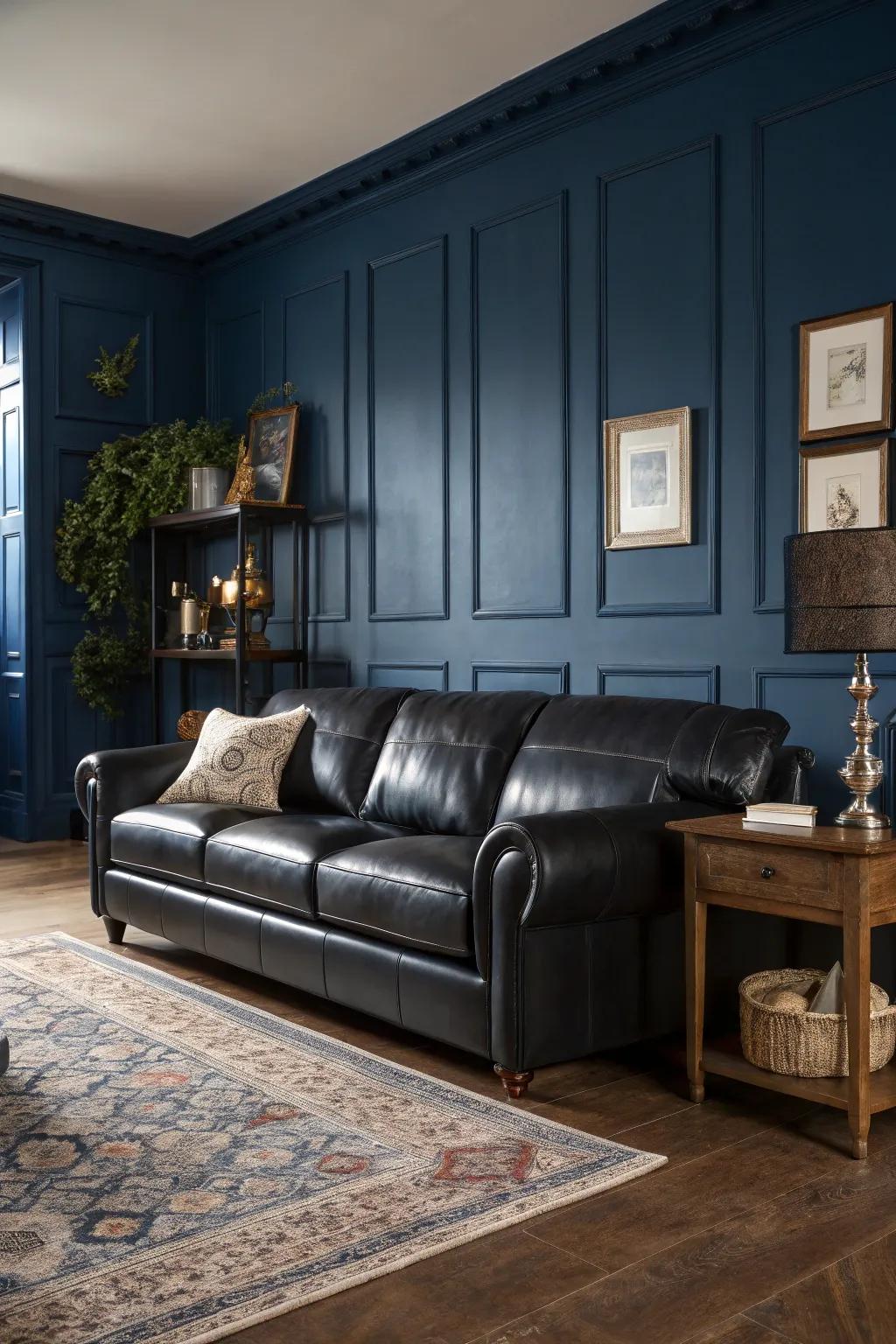 An ebony leather couch presents a striking contrast against blue walls.