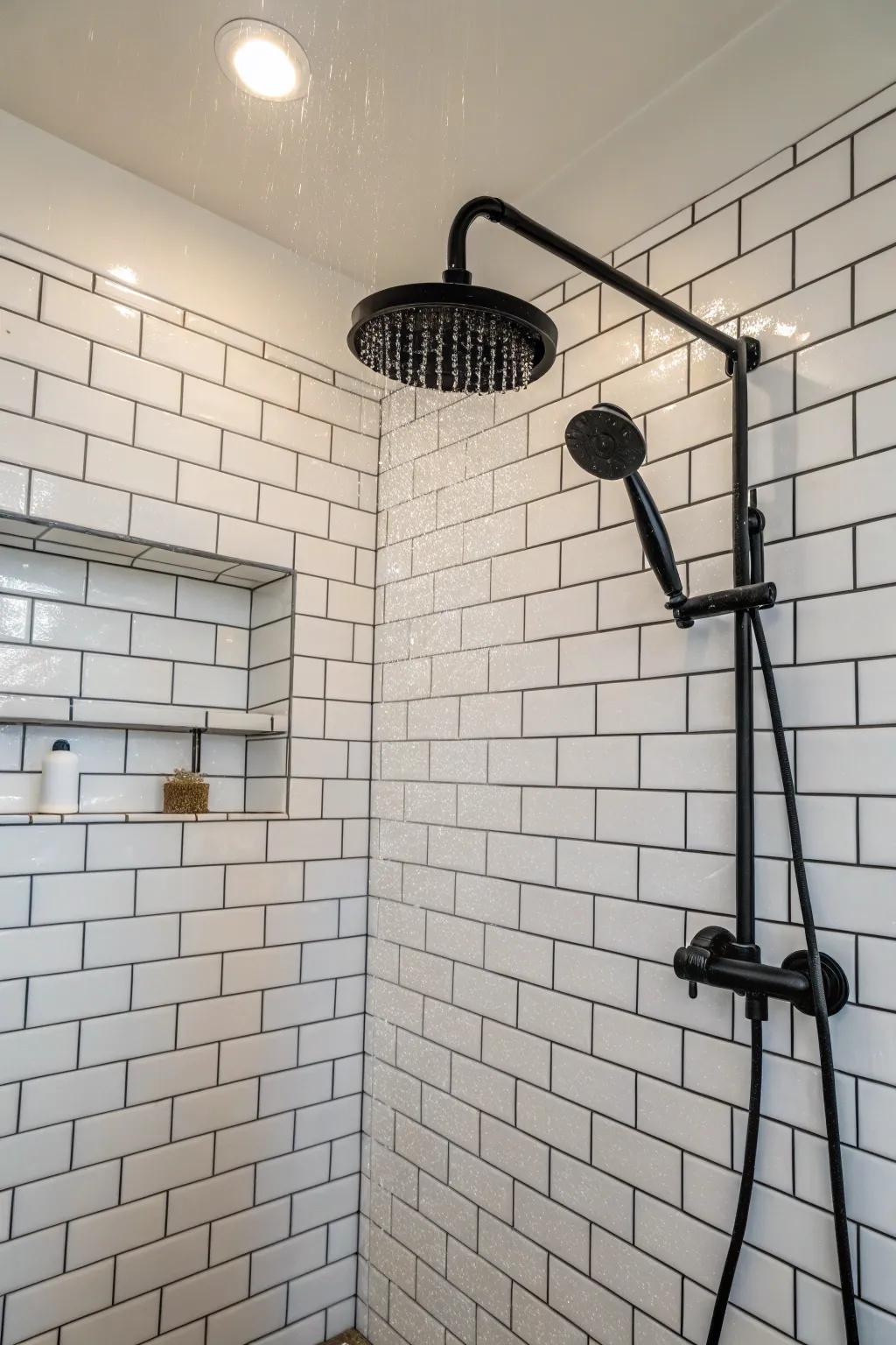 Classic white brick-style tiles create a revitalizing and timeless shower ambiance.