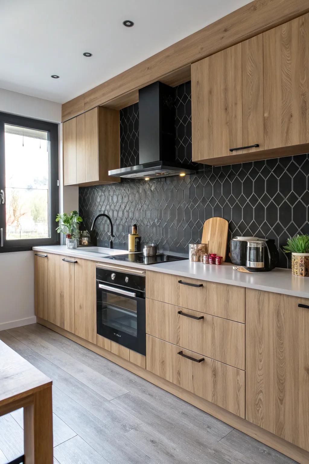 A kitchen displaying the sophistication of textured dark panels that enrich depth and intrigue.