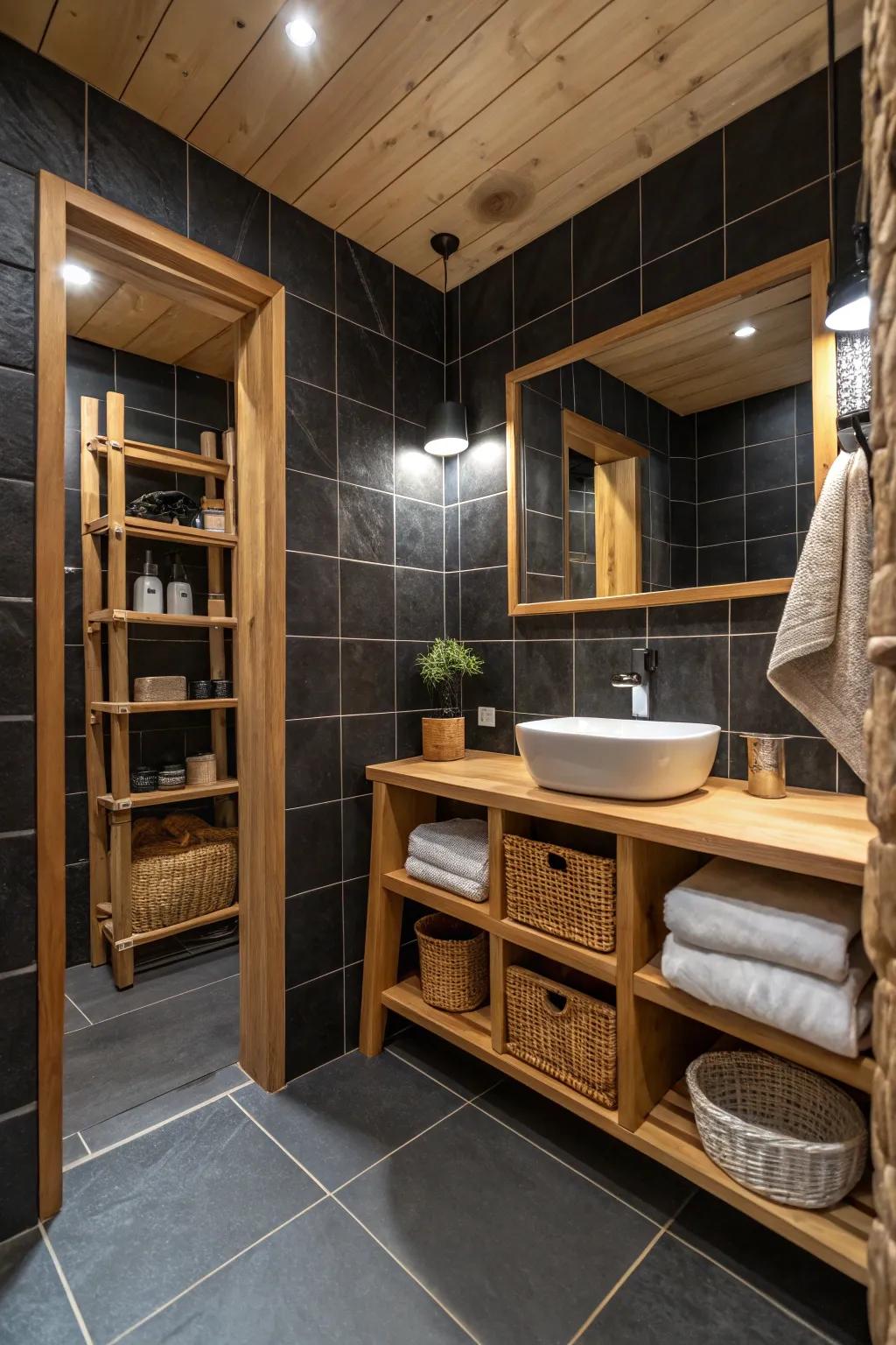 Timber elements contribute warmth to a bathroom layout dominated by black.