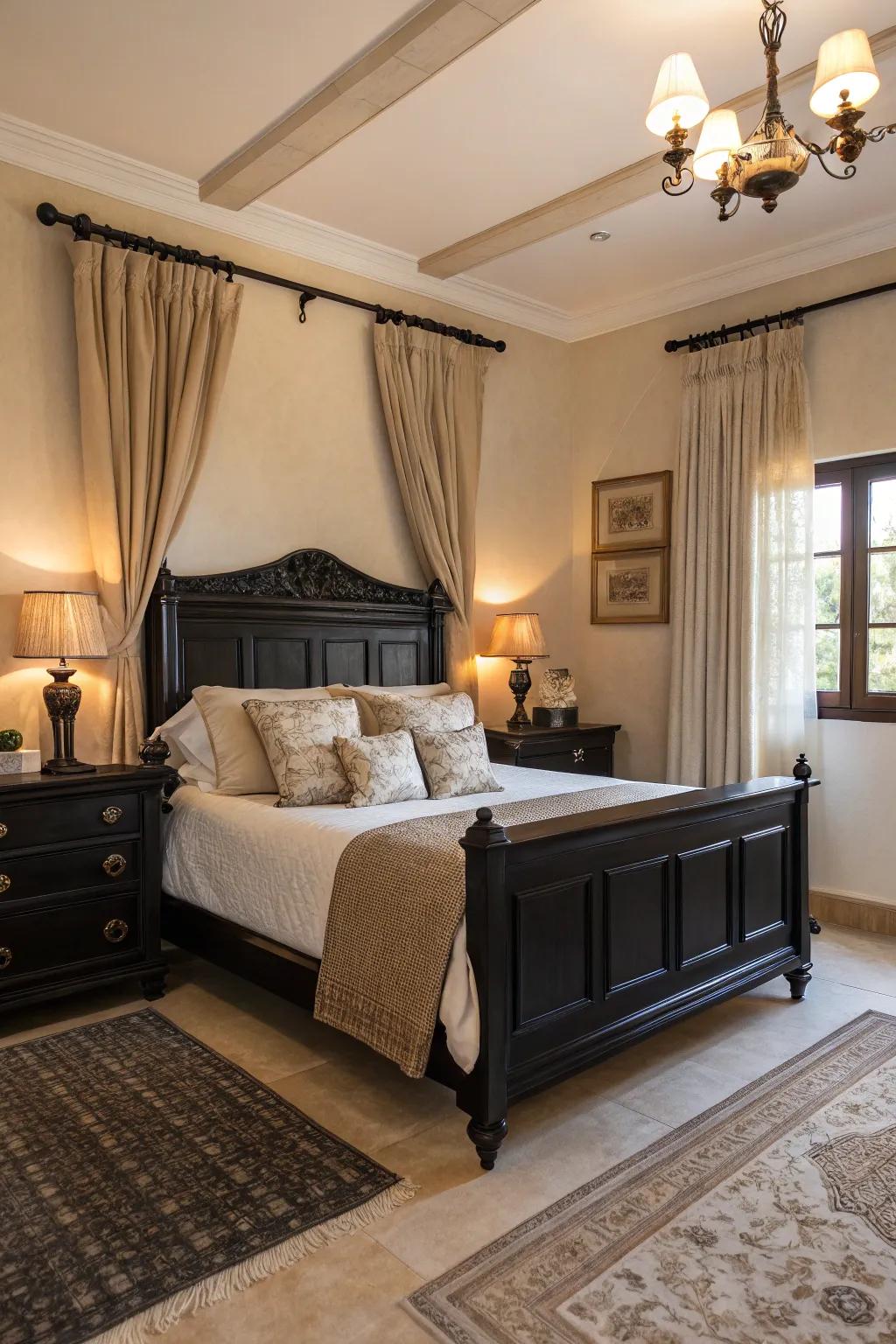 A comfortable bedroom with dark furniture and enticing creamy accents.