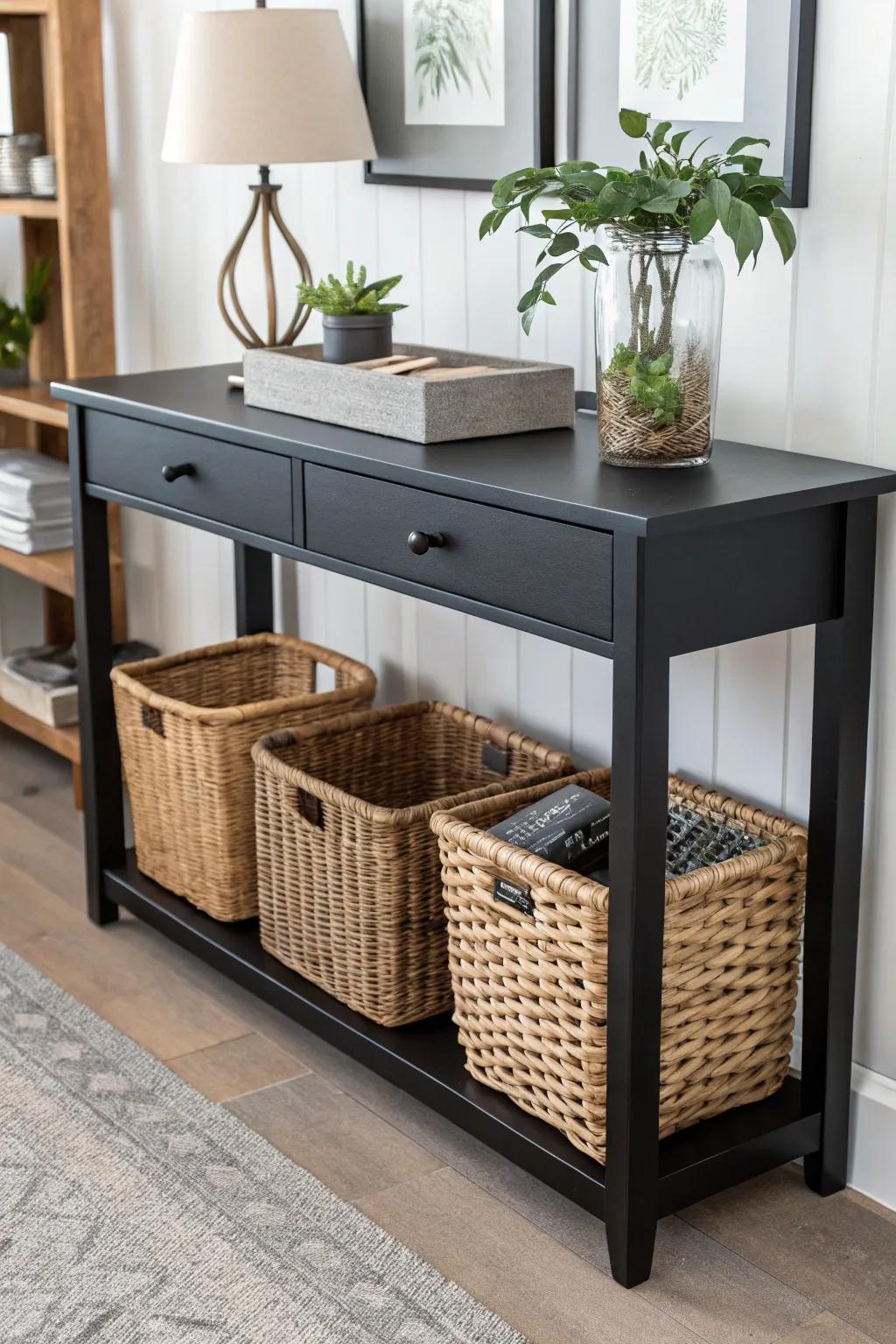 Wicker containers beneath a console table provide both flair and function.