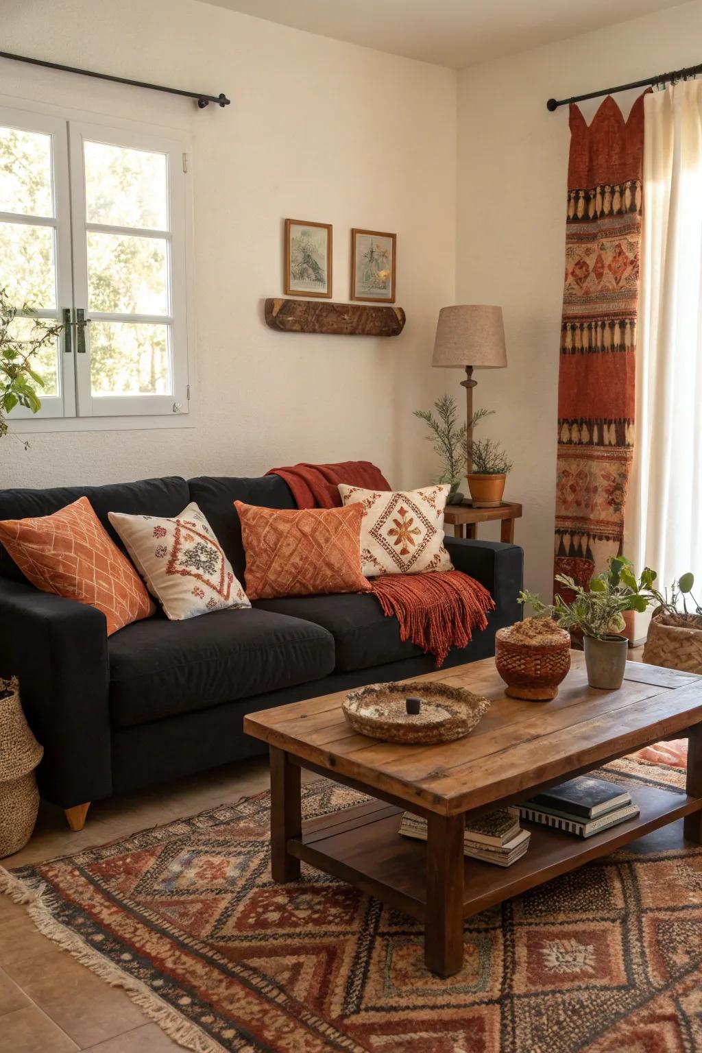 Natural colors bring a cozy feel to a dark-colored sofa setting.