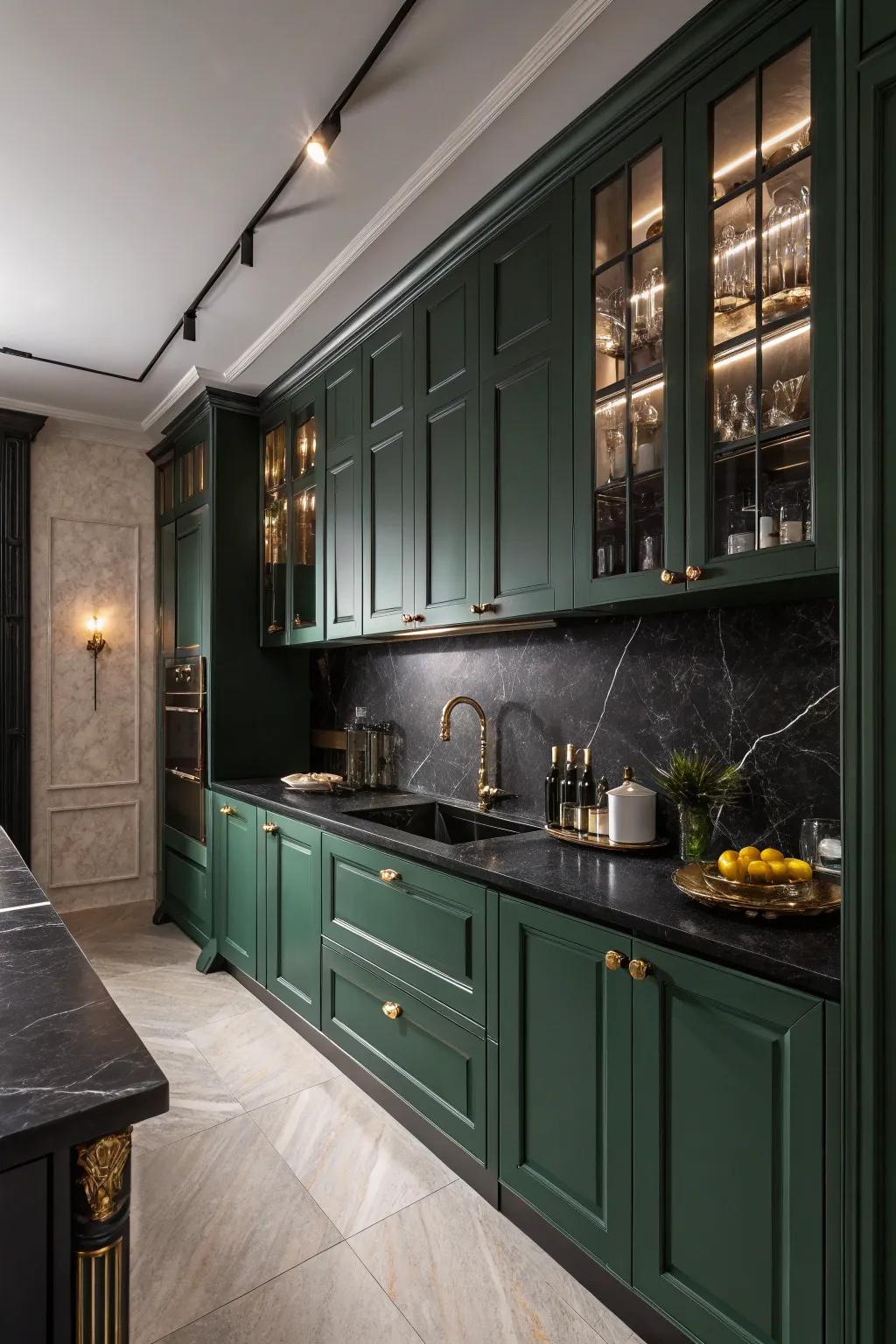 Deep verdant cupboards paired with ebony worktops for a daring impression.