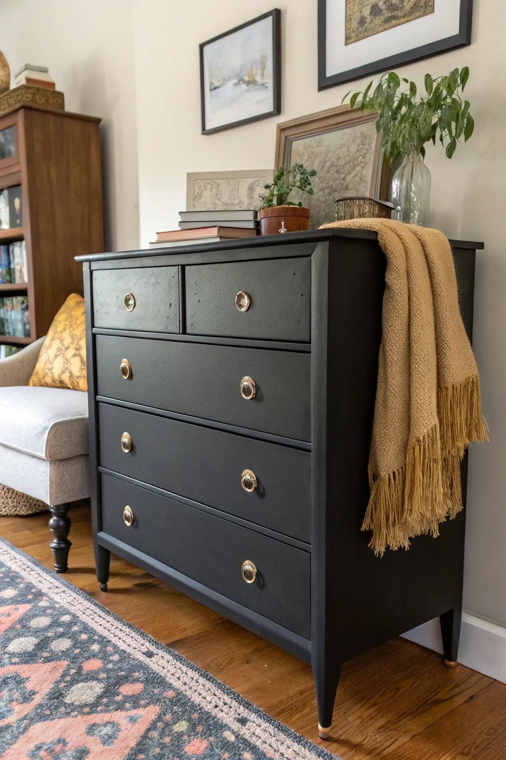 A vintage dresser reinvented with dark paint and modern fixtures.
