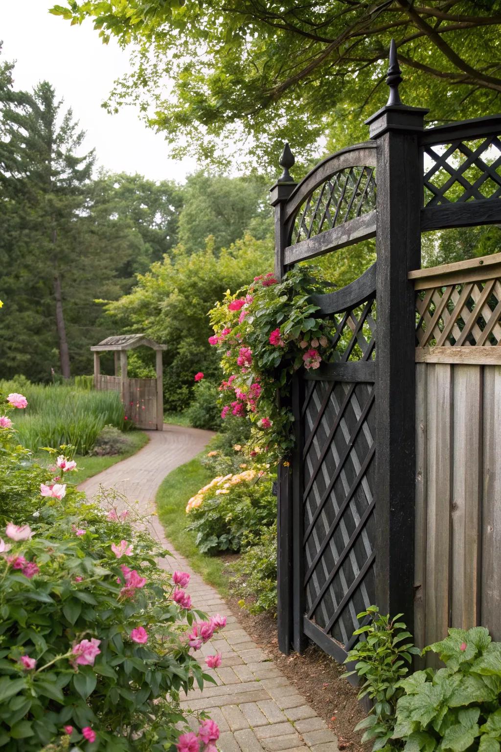 A dark crisscross-topped fence beautifully enhanced by climbing vines.
