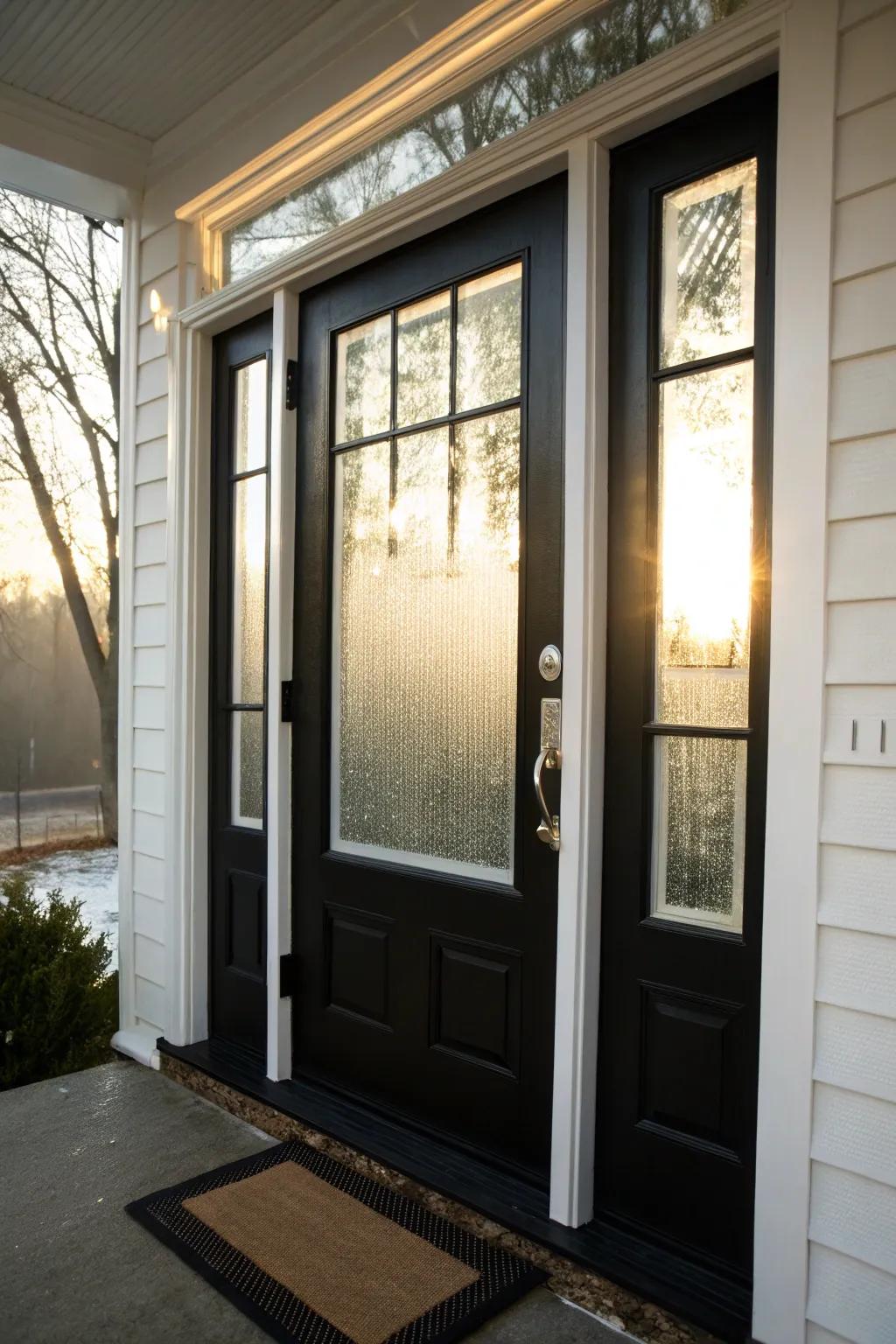 Textured glass panels allow light to permeate while preserving privacy in this chic black and white door.