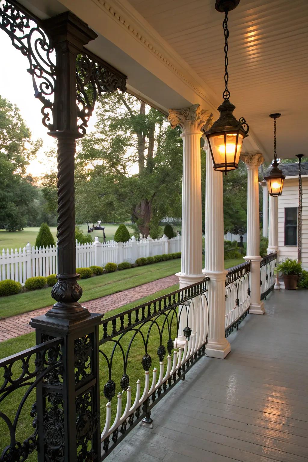 Detailed black railings deliver a sense of ageless sophistication to conventional porches.