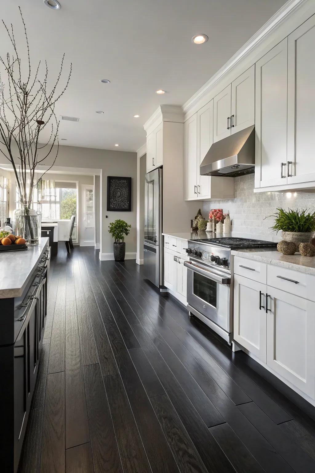 Contemporary kitchen with sleek dark floors.