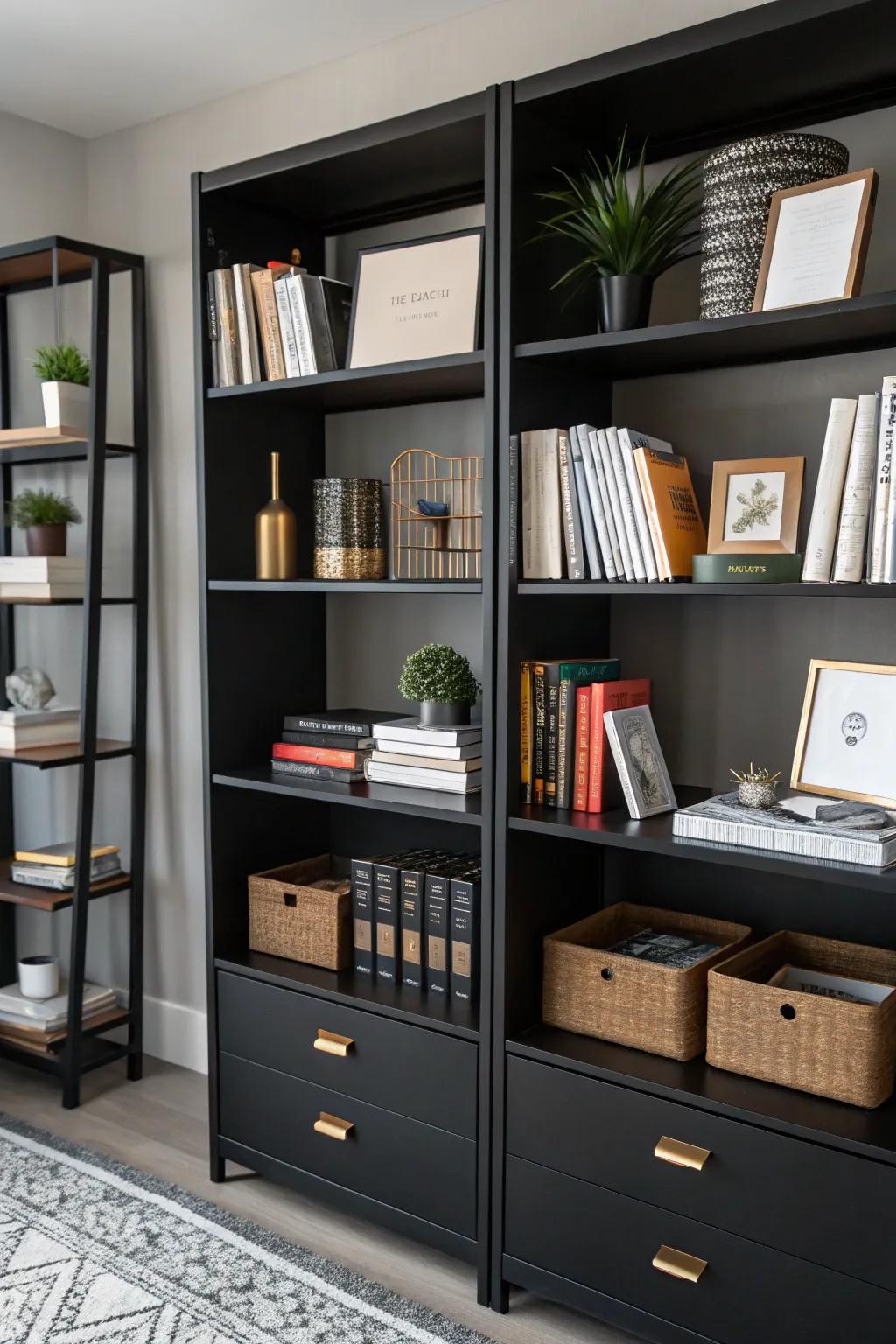 Open shelving brings style and usefulness to a black office setting.