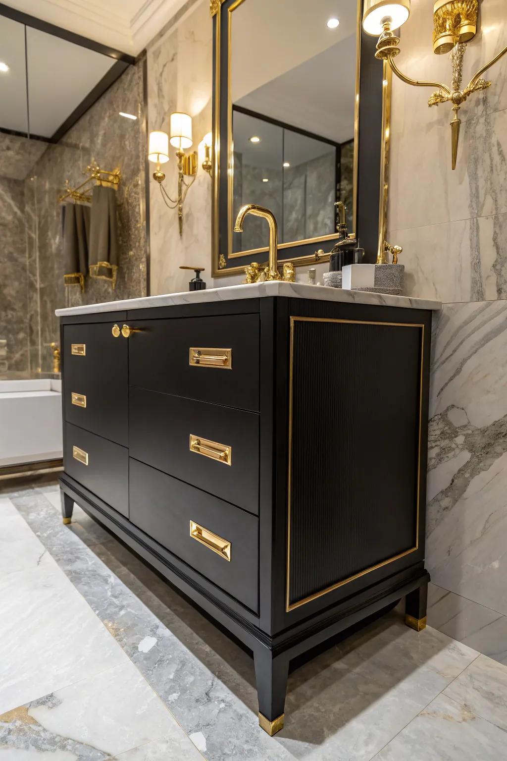 Golden elements juxtaposed with a dark-toned vanity exude sophistication and luxury.