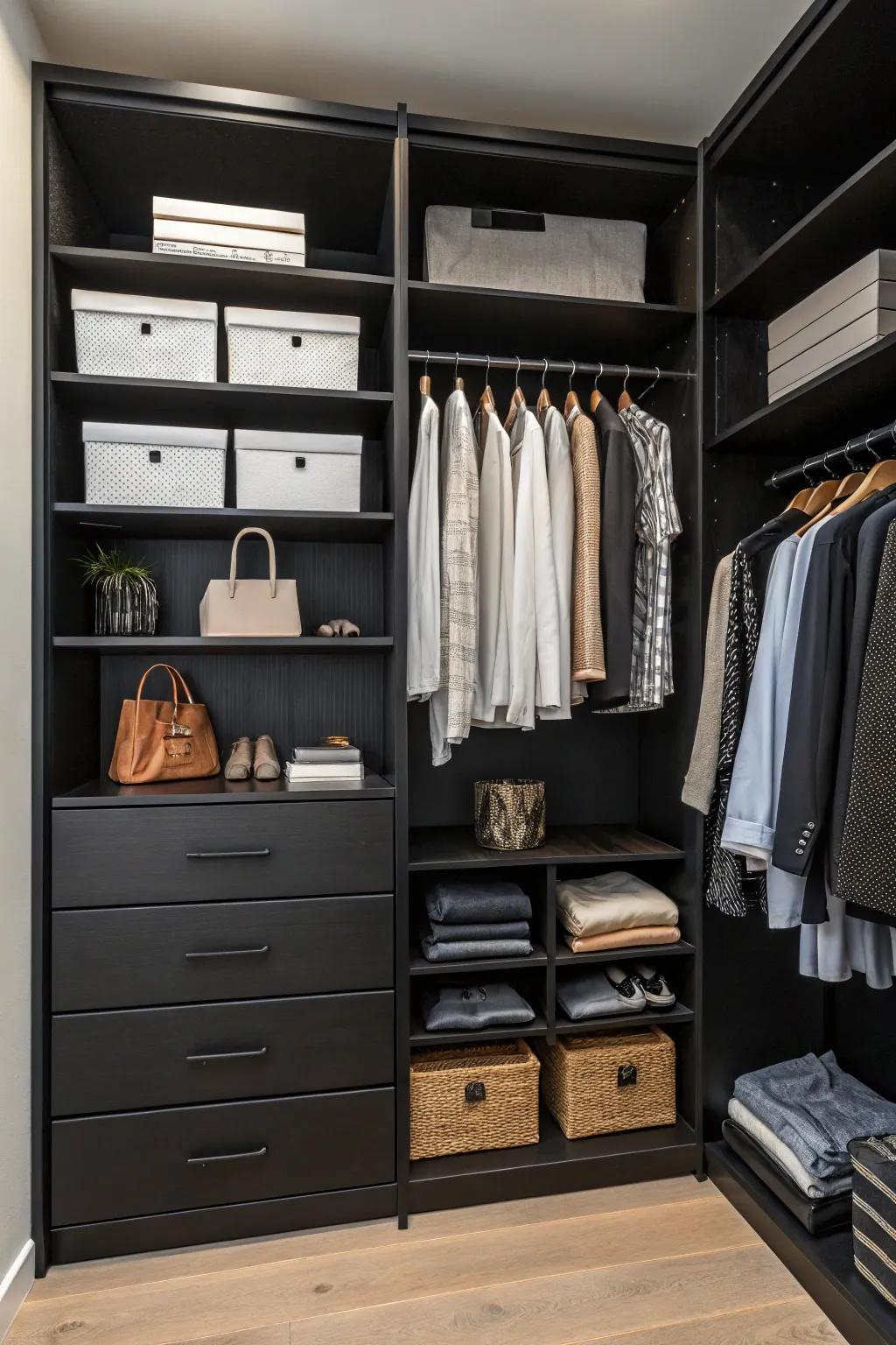 Clever storage solutions maintain a tidy and stylish walk-in closet.