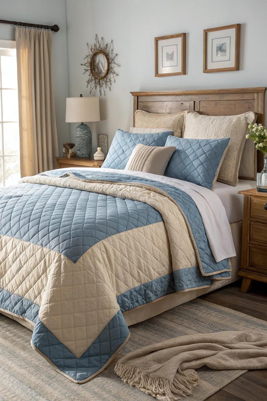 Layered textiles in azure and sandstone introduce richness and comfort.