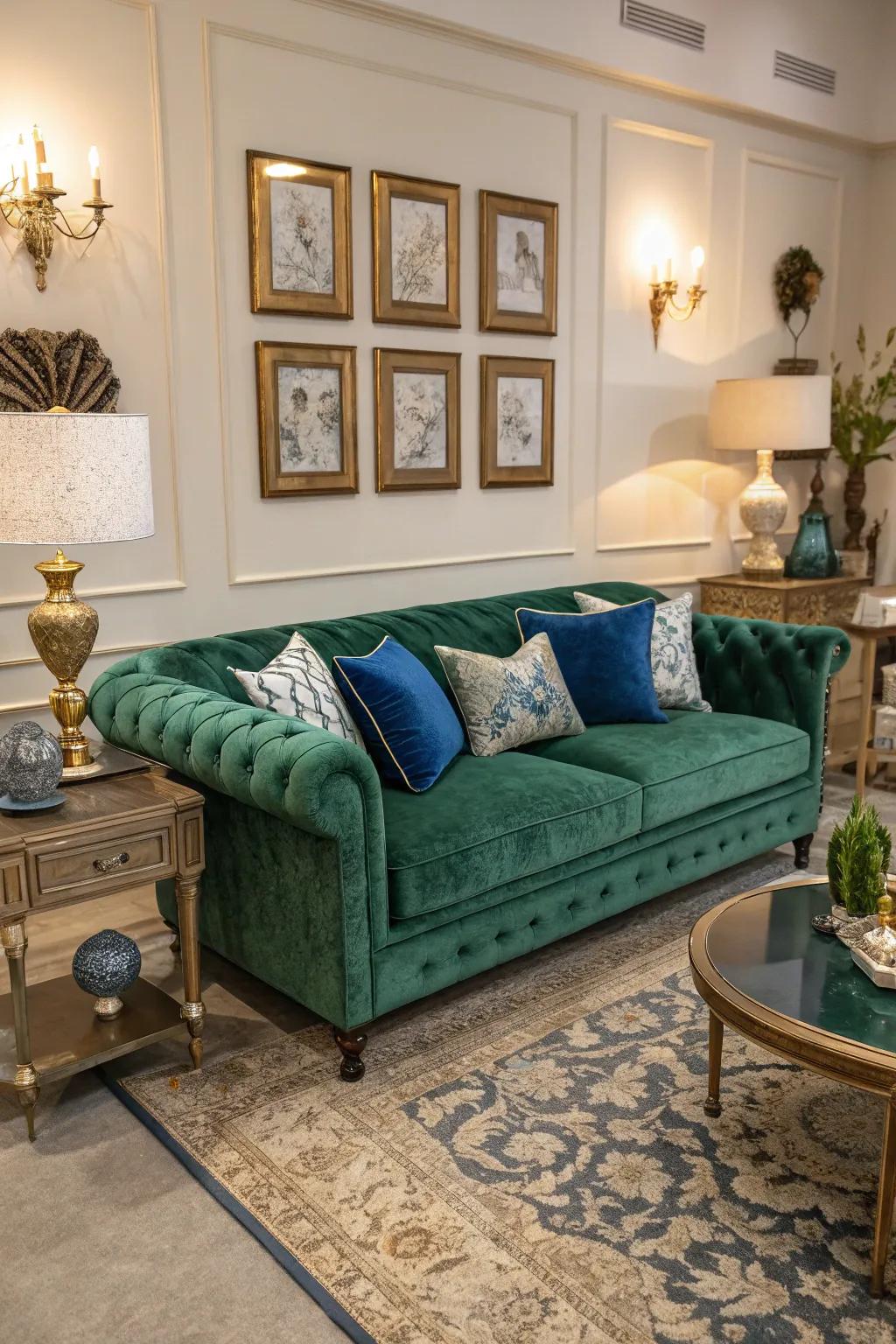An emerald plush seating choice introduces an element of opulence and ease.