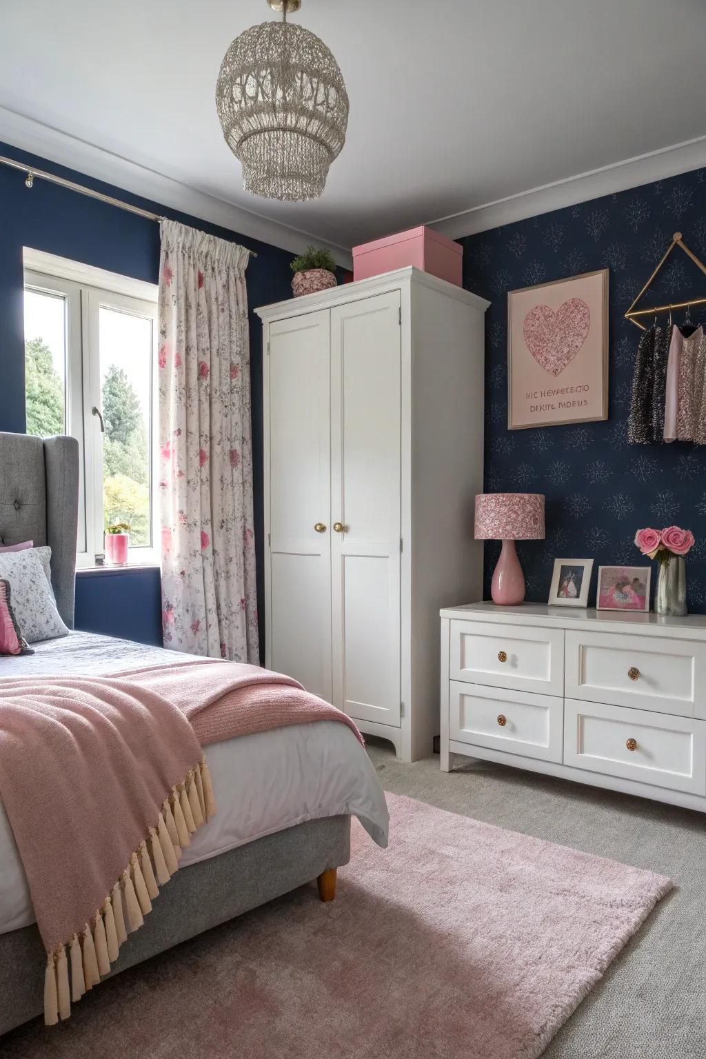 A dark blue accent wall enhances depth, softened by gentle pink highlights.