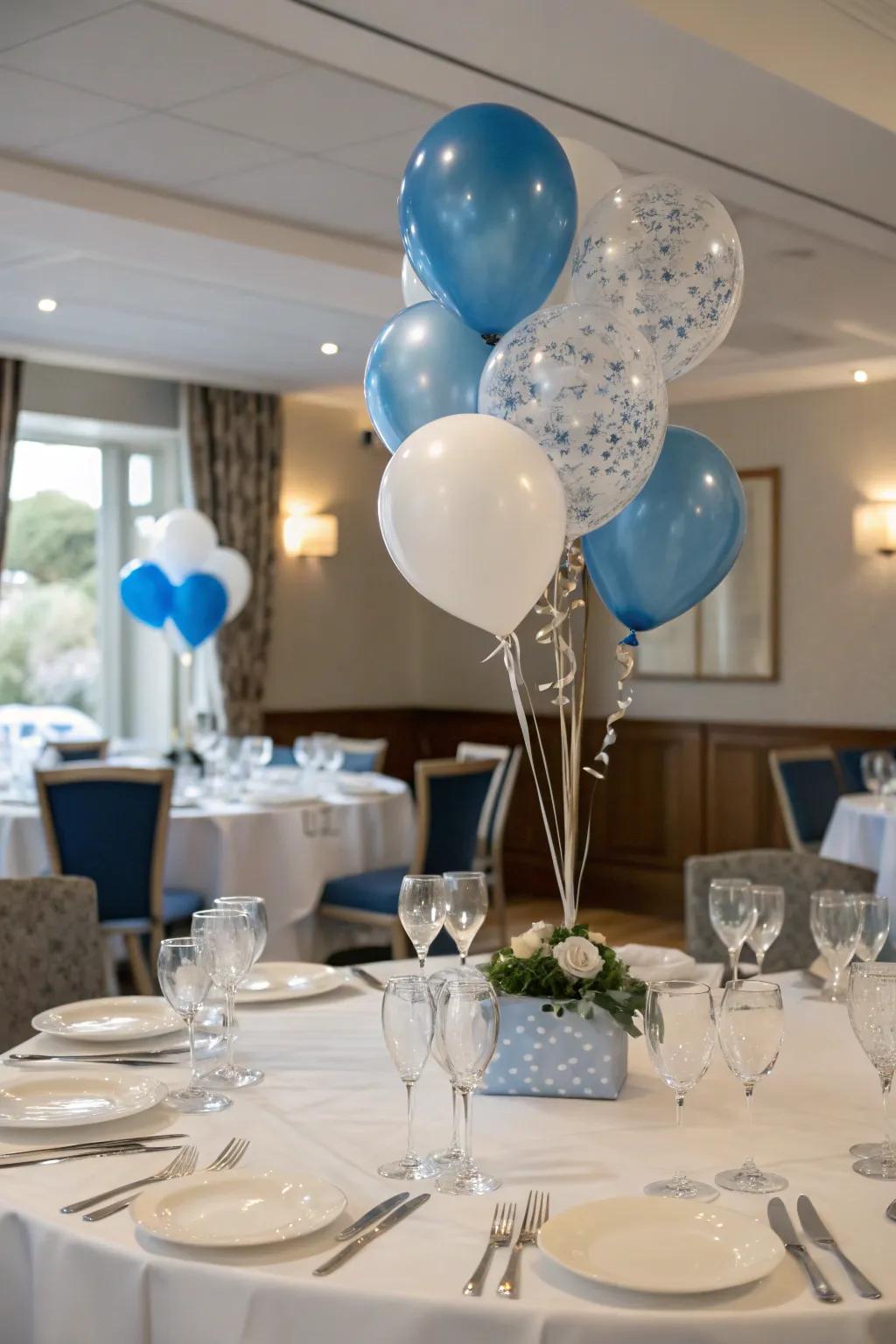 A chic balloon bouquet centerpiece enhances your dining experience.