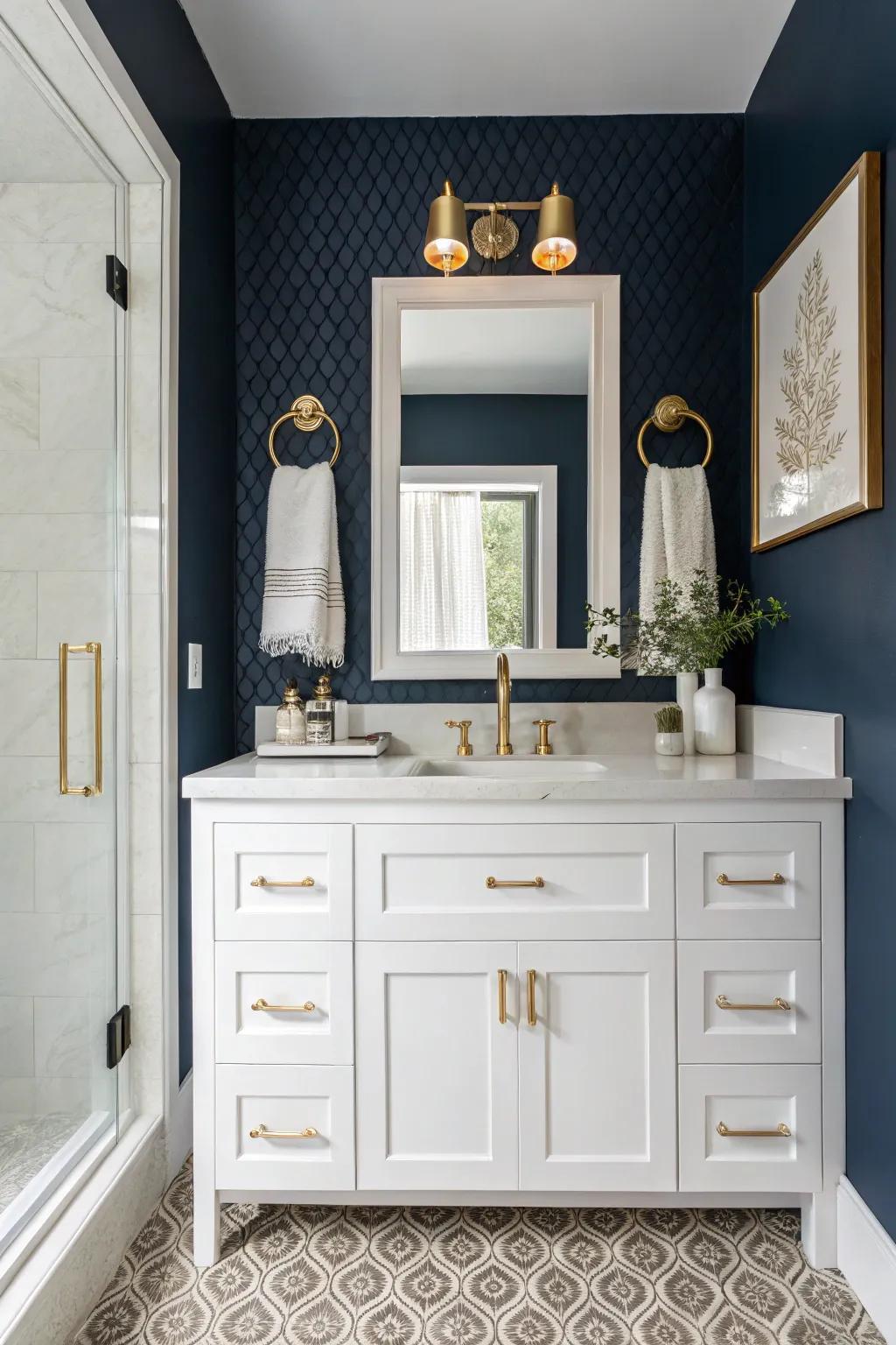 A sophisticated navy blue bathroom enhanced by luxurious gold touches.
