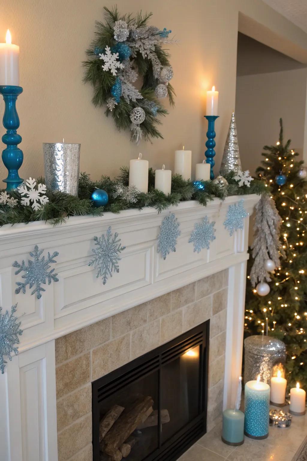Establish an icy domain above your hearth with azure and ivory embellishments.