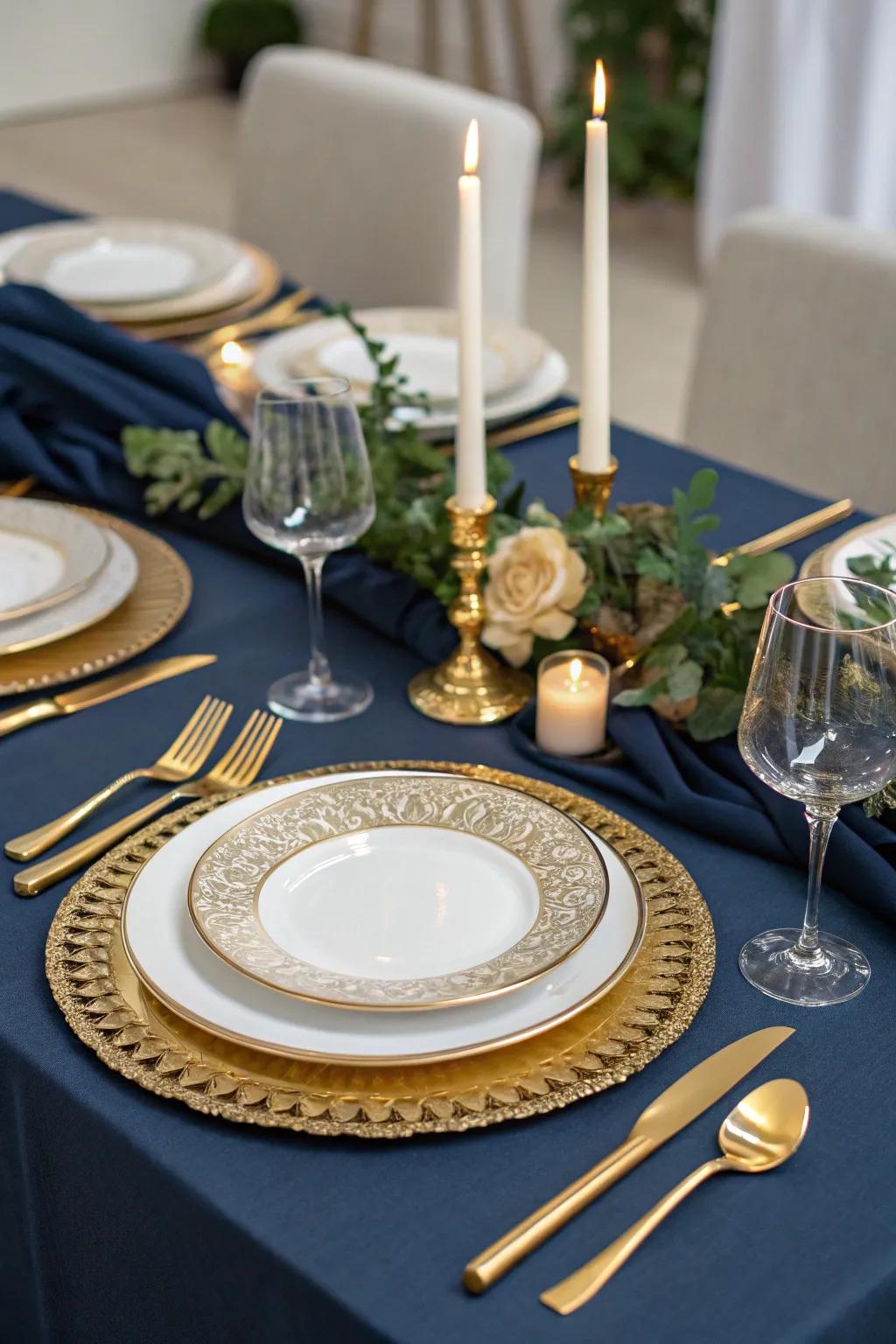 An exquisite indigo and gold Christmas table arrangement