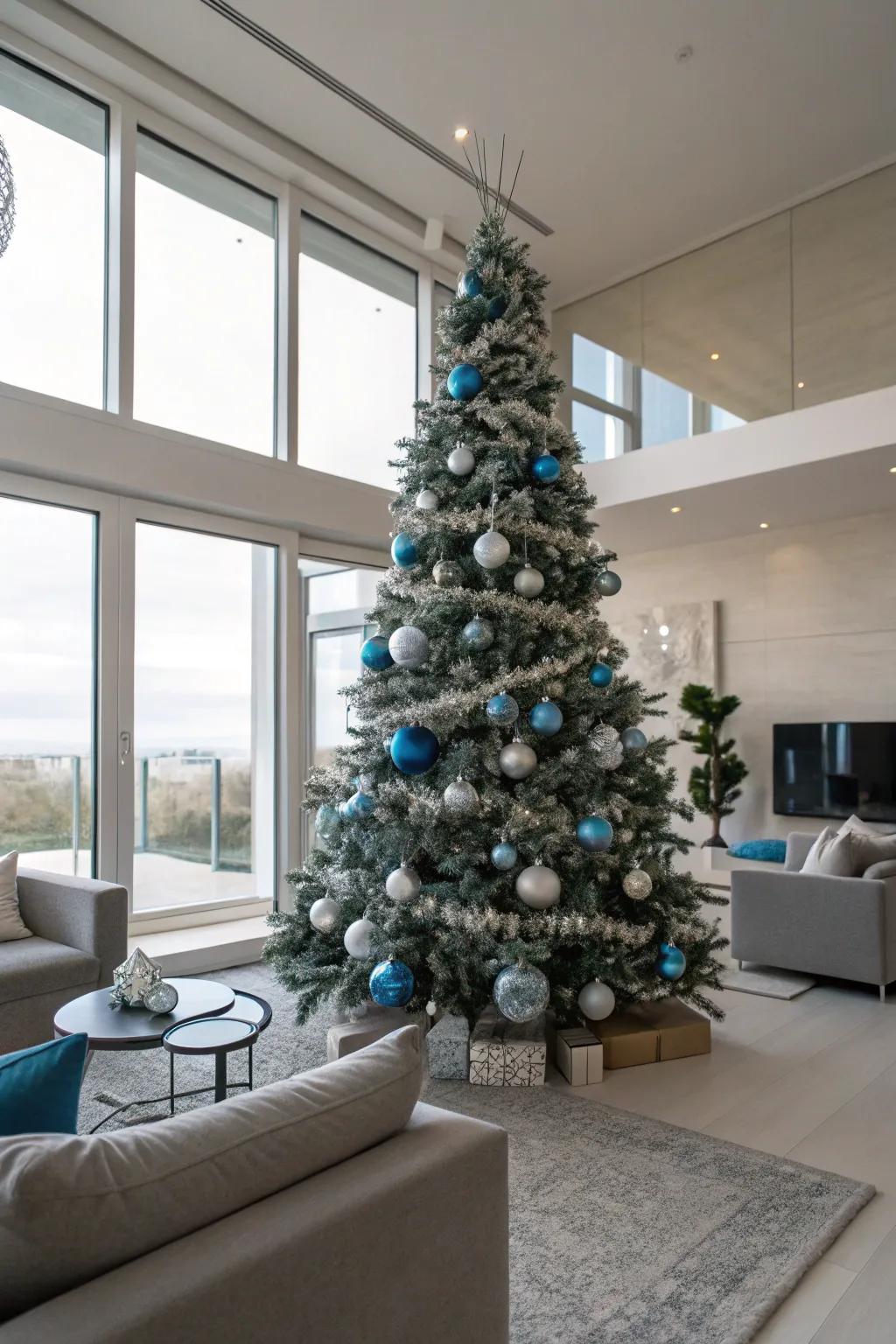 An alluring combination of sapphire and silver on a Christmas tree.