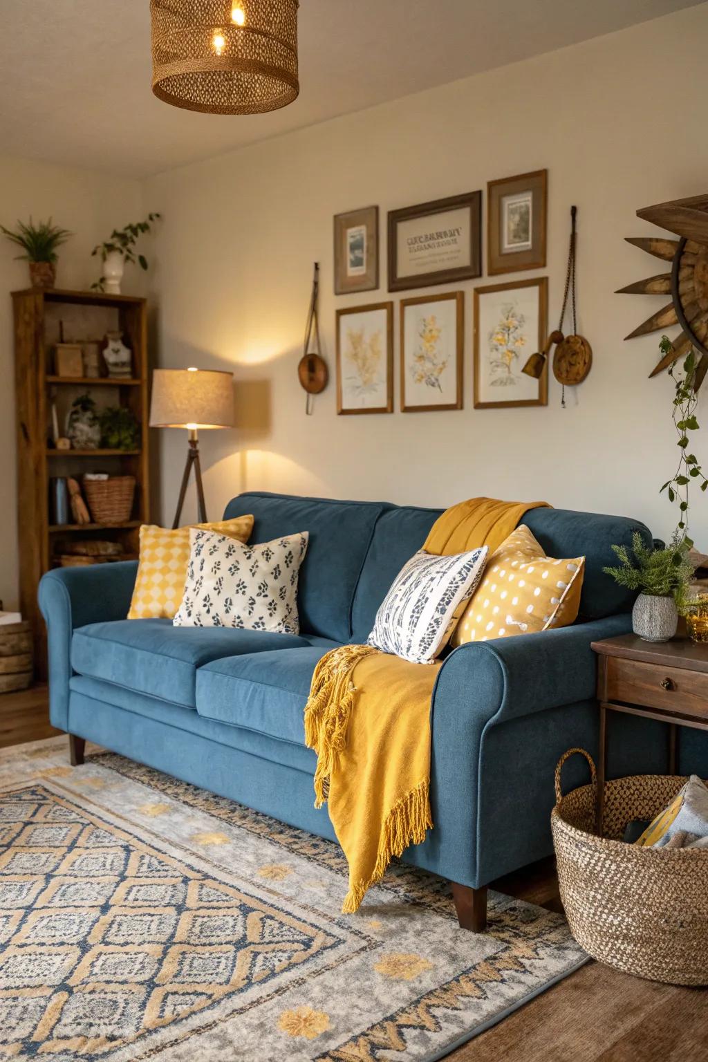 Sunflower yellow accents provide a warm contrast to a sapphire sofa setup.