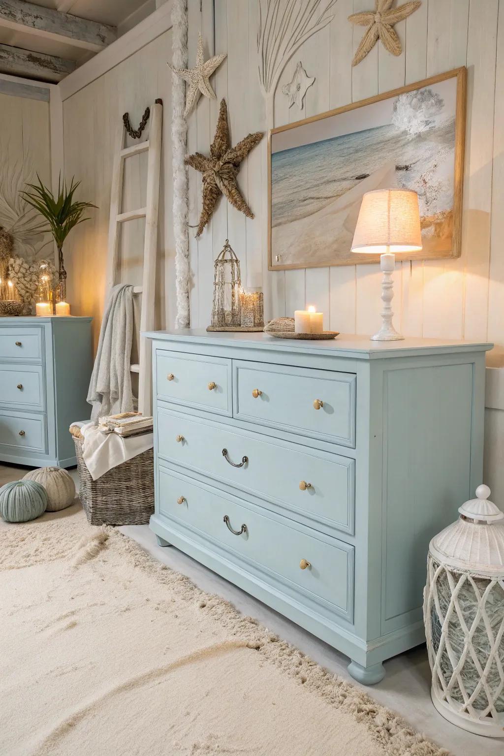 A coastal blue dresser enhances the breezy atmosphere of a beach-themed room.