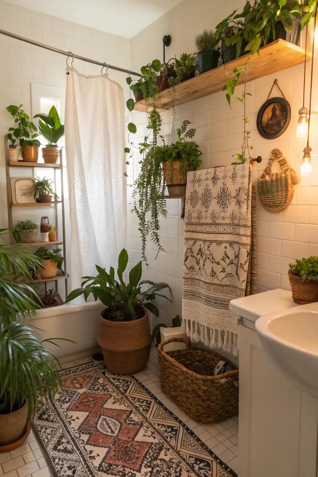 A boho bathroom sanctuary ornamented with luxurious verdure.